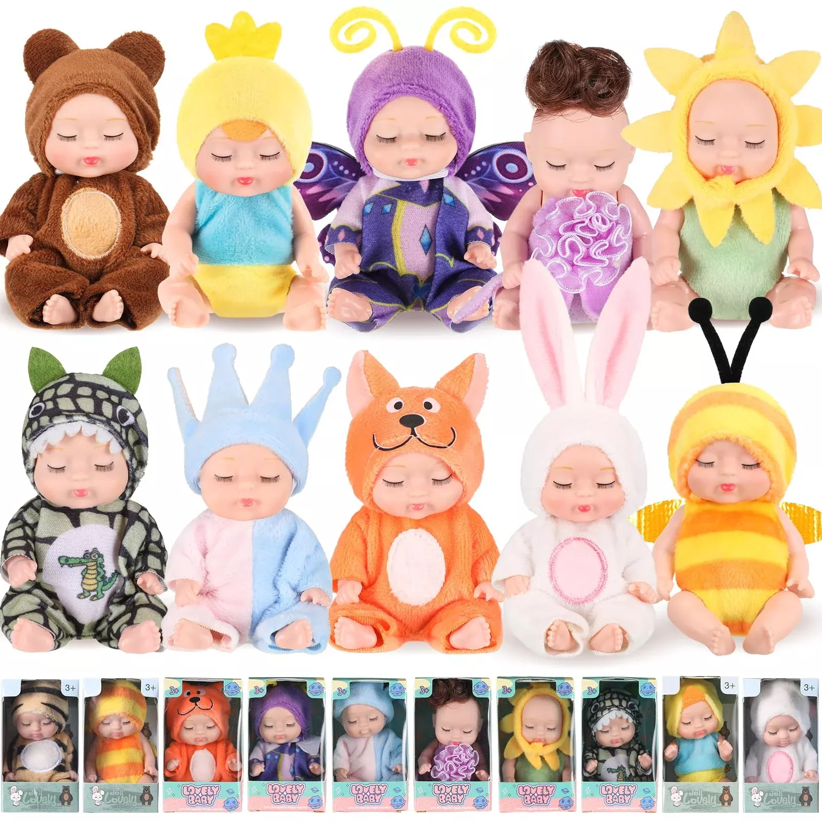 Hanaive Mini Baby Dolls Set, 4 Inch, Assorted Styles, 10 Pack