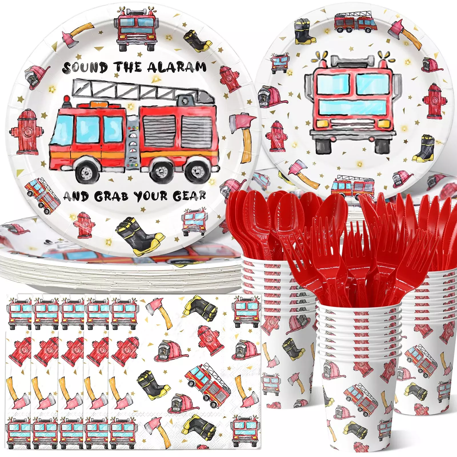 HaPiBiDesign Fire Truck Party Supplies for 20 Guests - Red