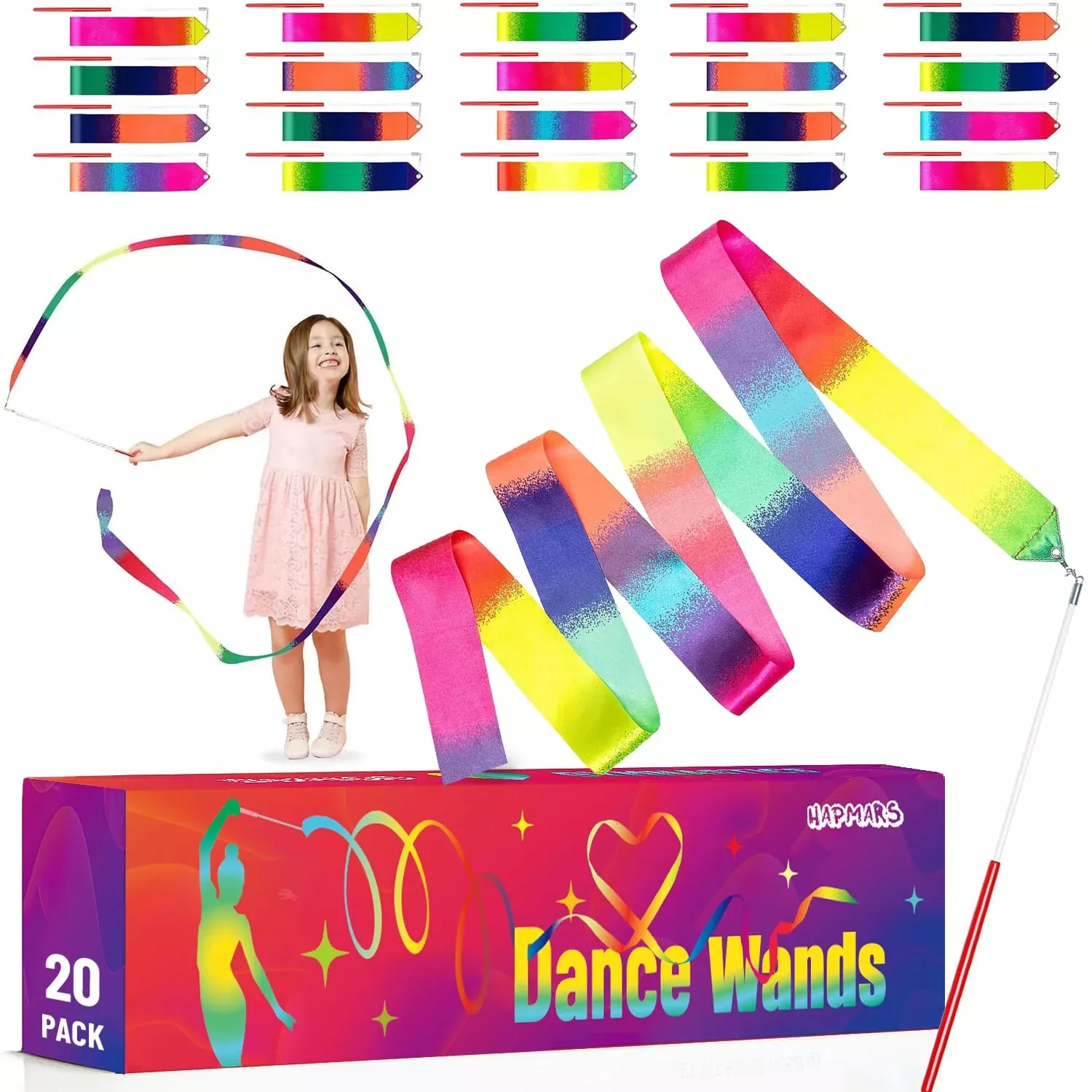 Hapmars 20 Pack Ribbon Dancer Wands For Kids, Rainbow Streamers, Party