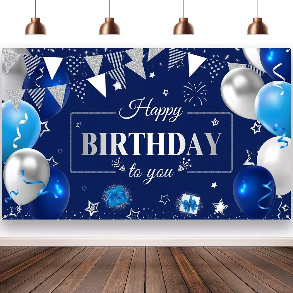 HappyBell Birthday Banner Navy Blue Silver White 72.8x43.3inch