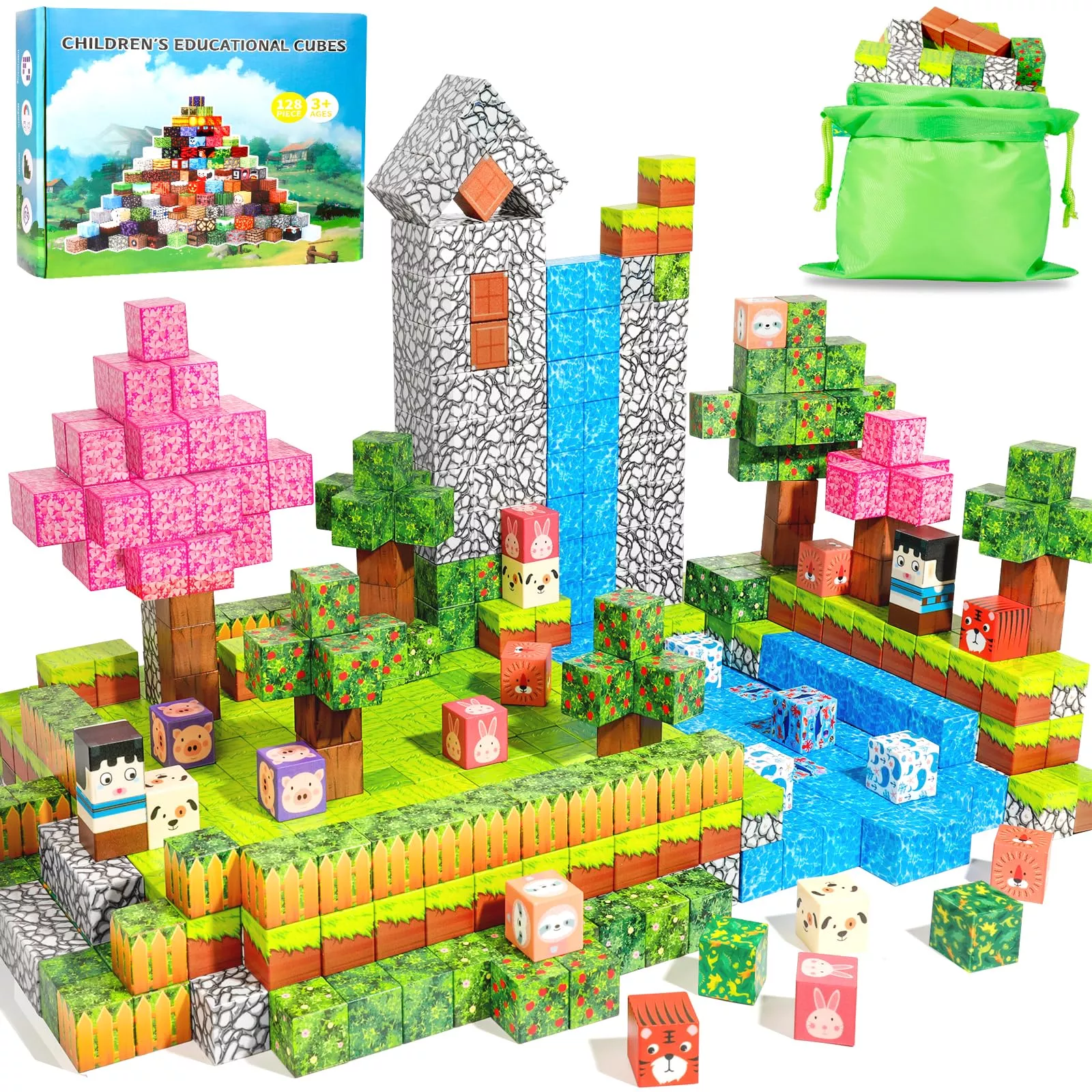 Hazms Magnetic Building Blocks Set for Kids, 128pcs, 0.9 Inches