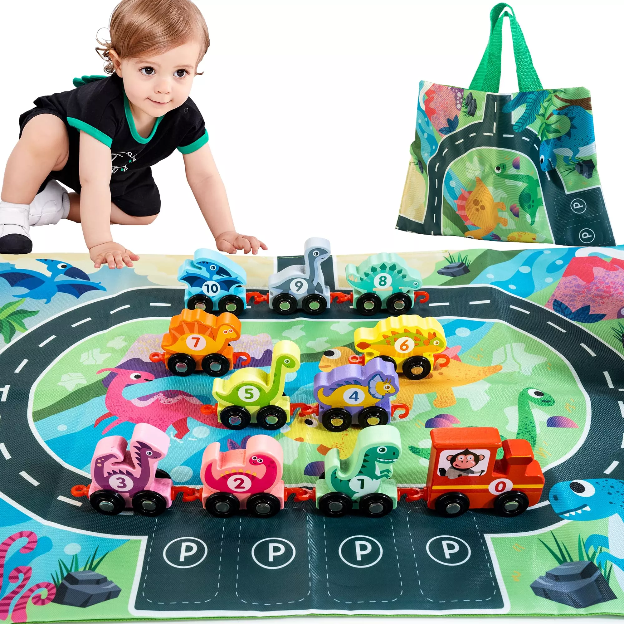 HELLOWOOD Wooden Dinosaur Number Train Set - Multicolor, Small to Medium