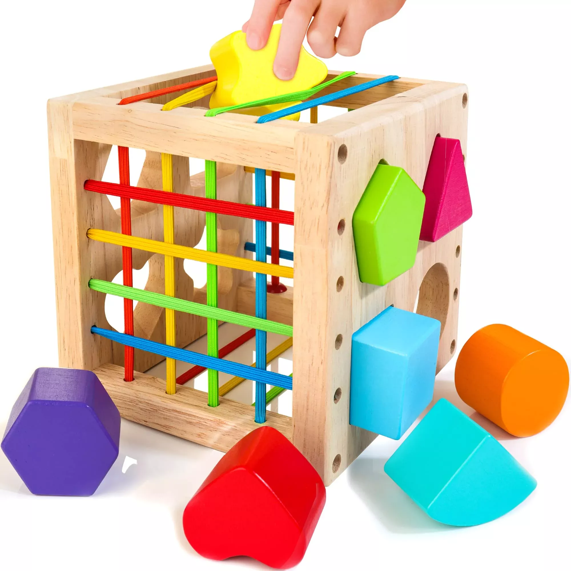 HELLOWOOD Wooden Shape Sorter Cube - Medium Montessori Learning Toy