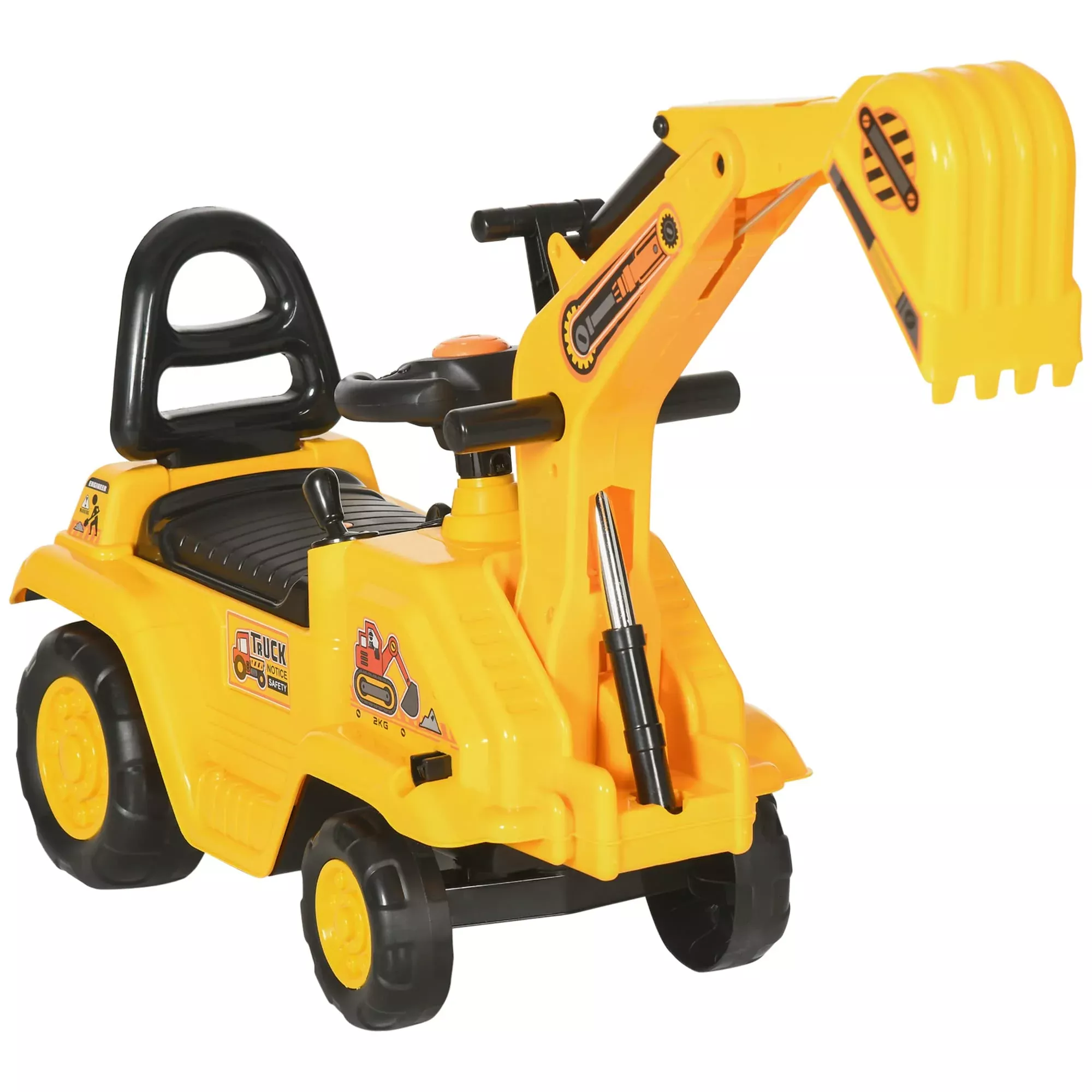 HOMCOM 2-in-1 Ride On Toy Digger and Pull Cart, Yellow,
