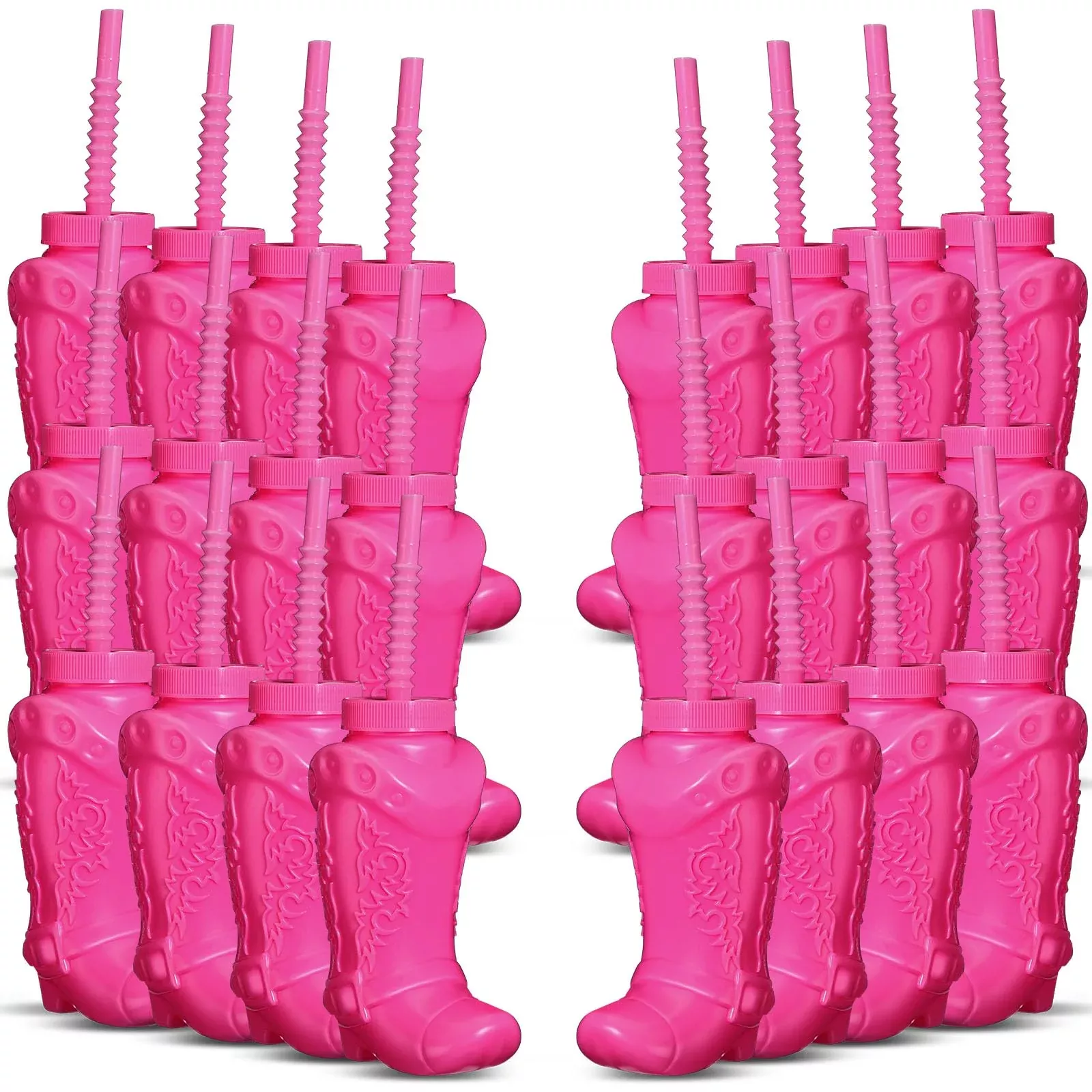 Hoolerry 24 Pcs Plastic Cowboy Boot Cups, 10 oz, Hot Pink with Straws