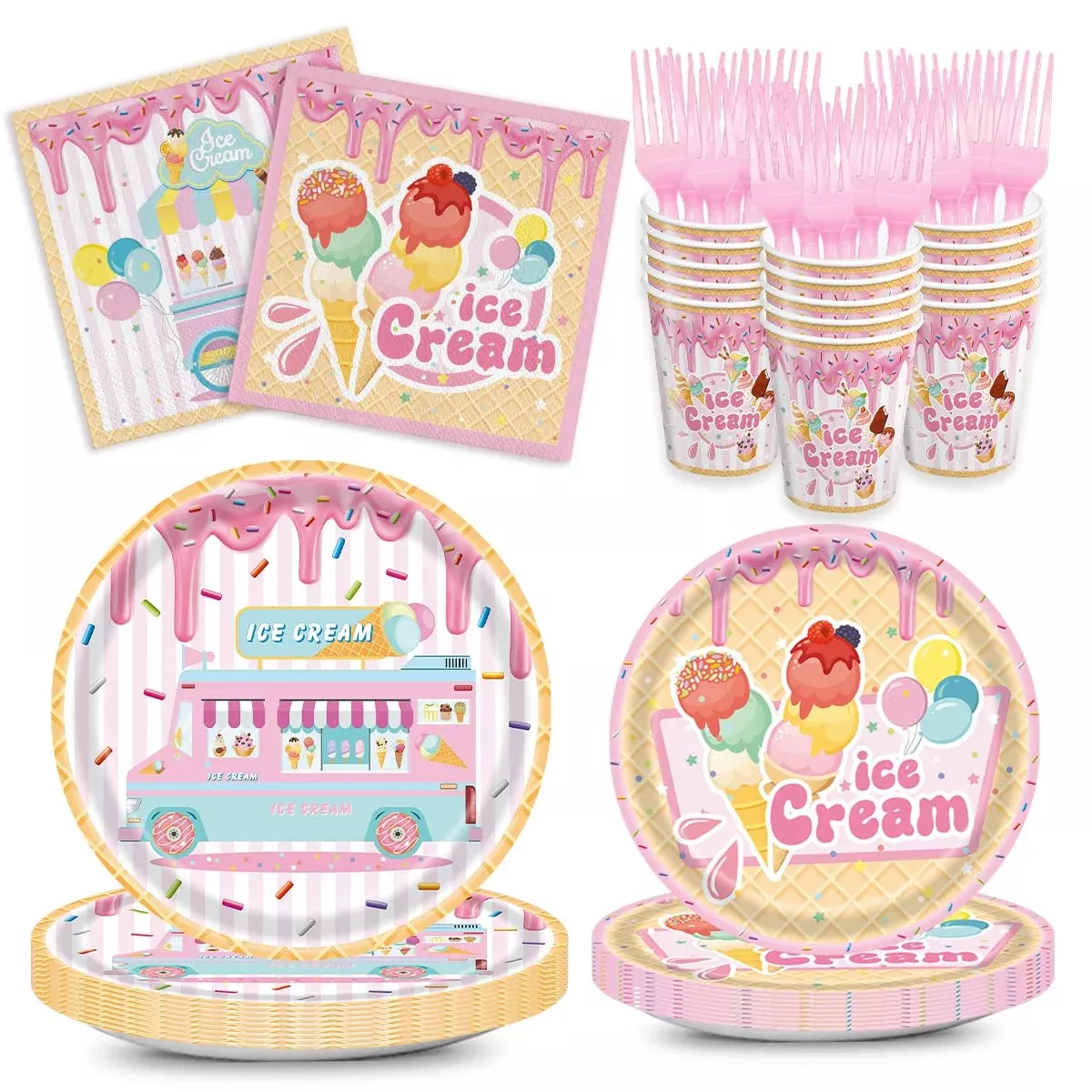 Ice Cream Party Supplies Summer Birthday Disposable Tableware Set Pink