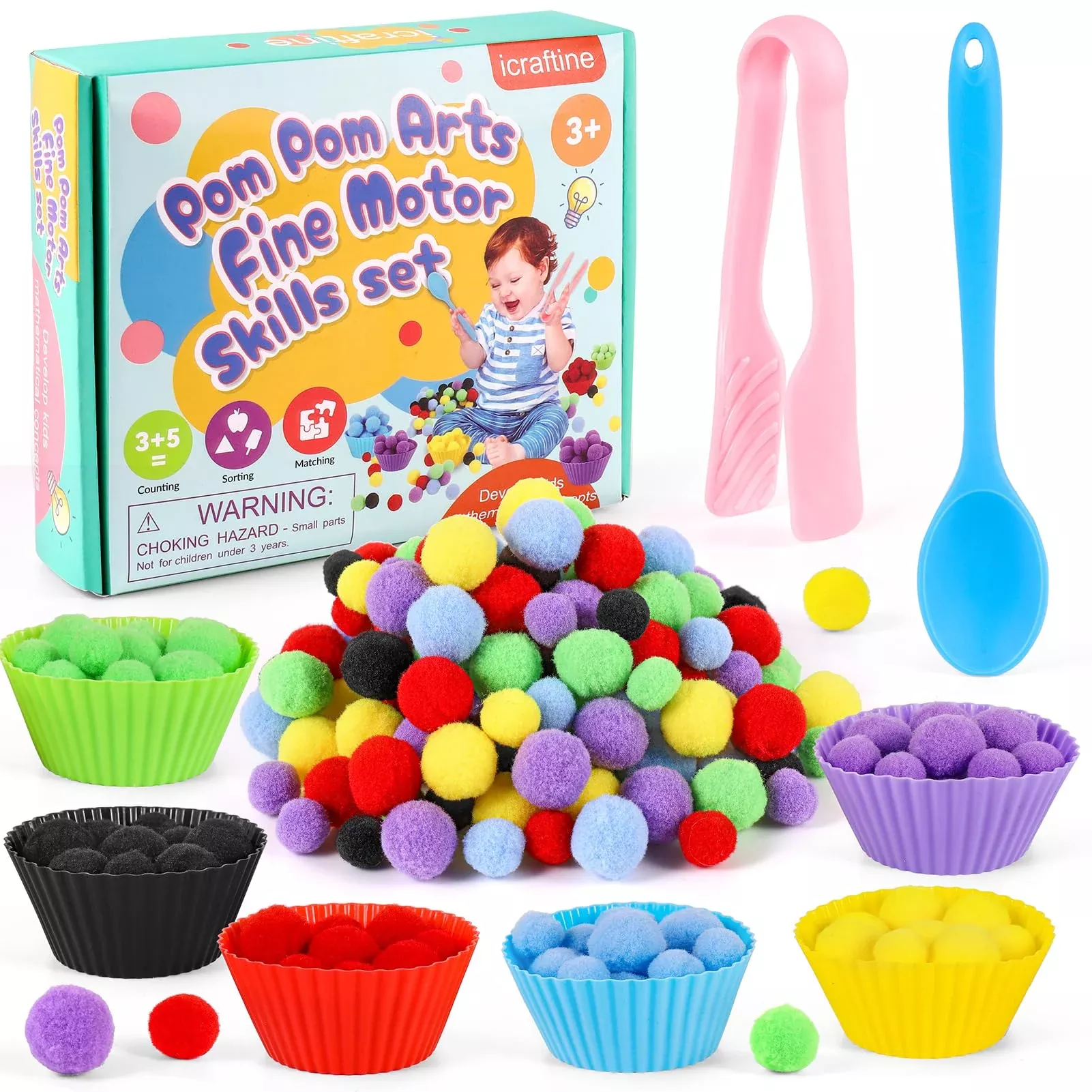 iCraftine Sorting Bowl Set with Pompoms, Medium, Purple, 8 Pieces
