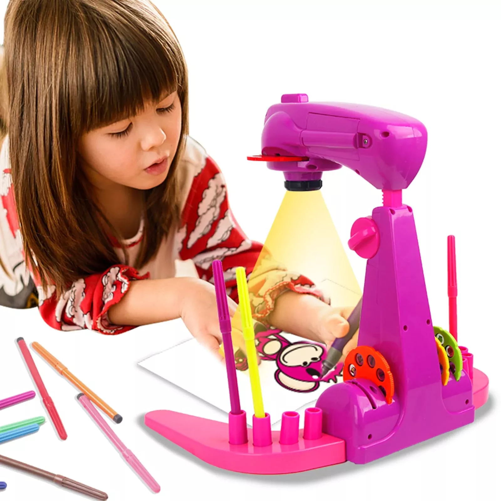 imireux Art Kit for Kids - Pink Tracing Projector with 4 Discs