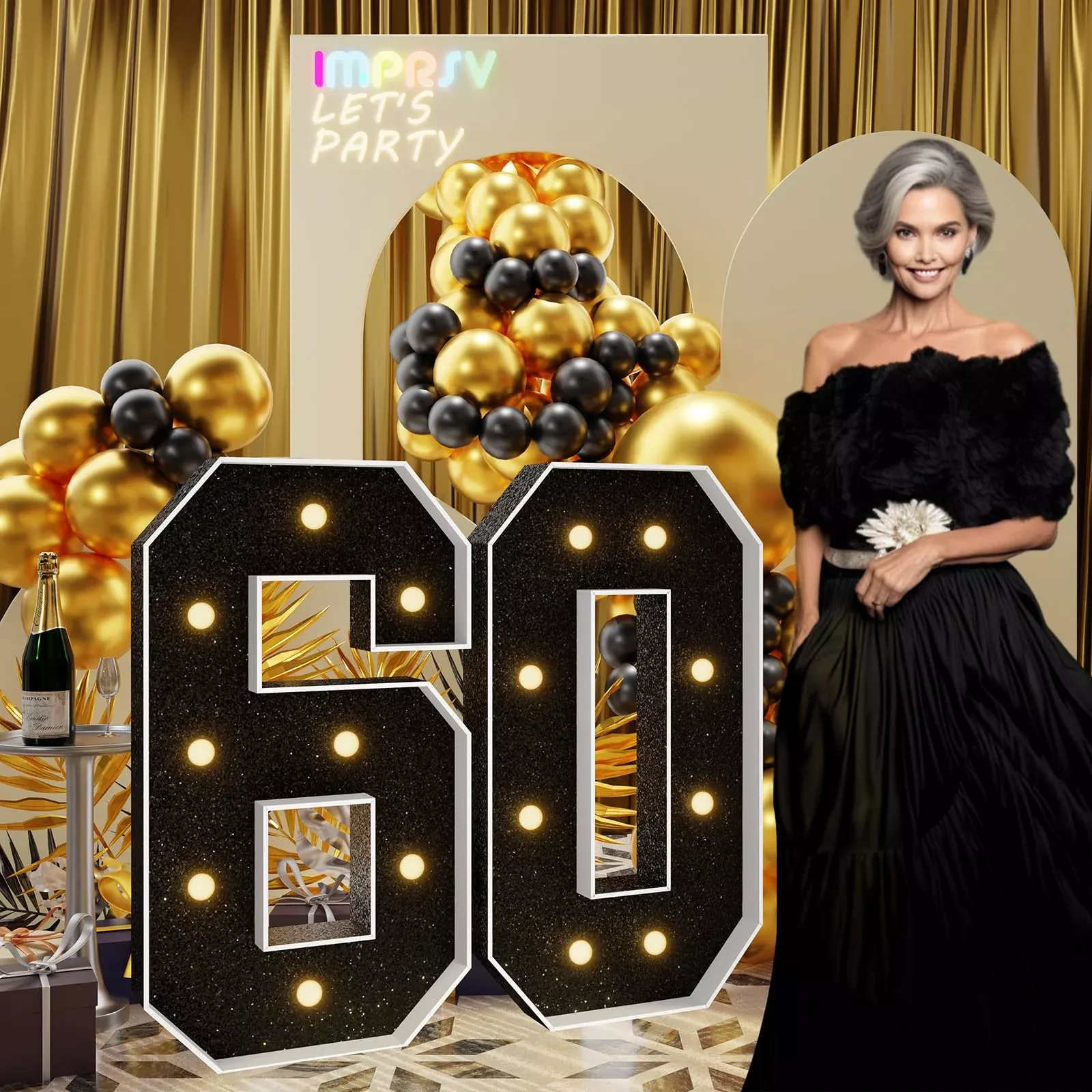 Imprsv 3Ft Black 60Th-Birthday Decorations Numbers: 60Th Birthday Part