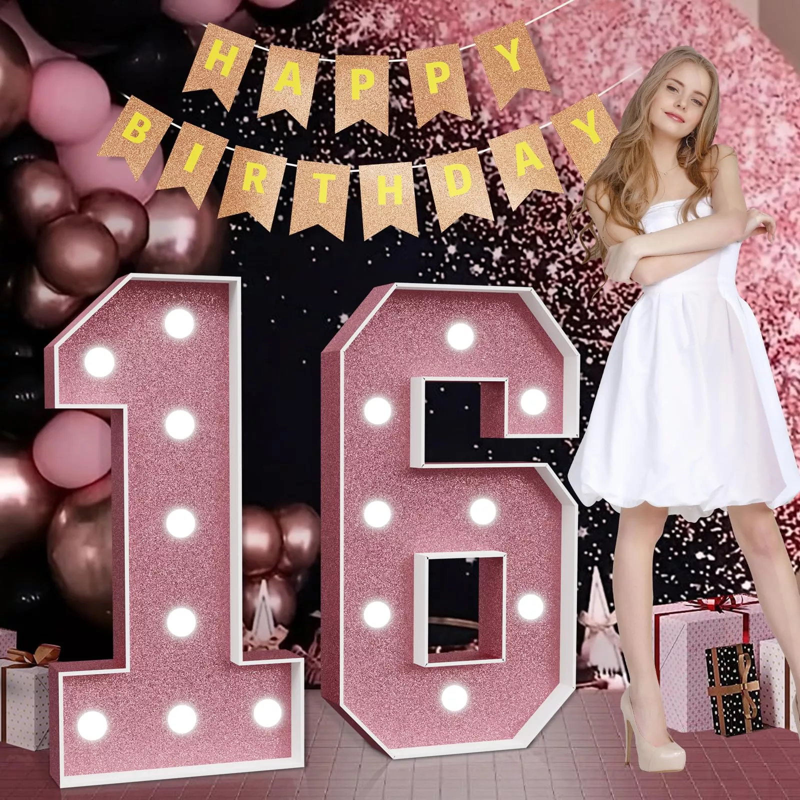 imprsv Marquee Light Up Numbers for 16th Birthday, Pink, Number 16