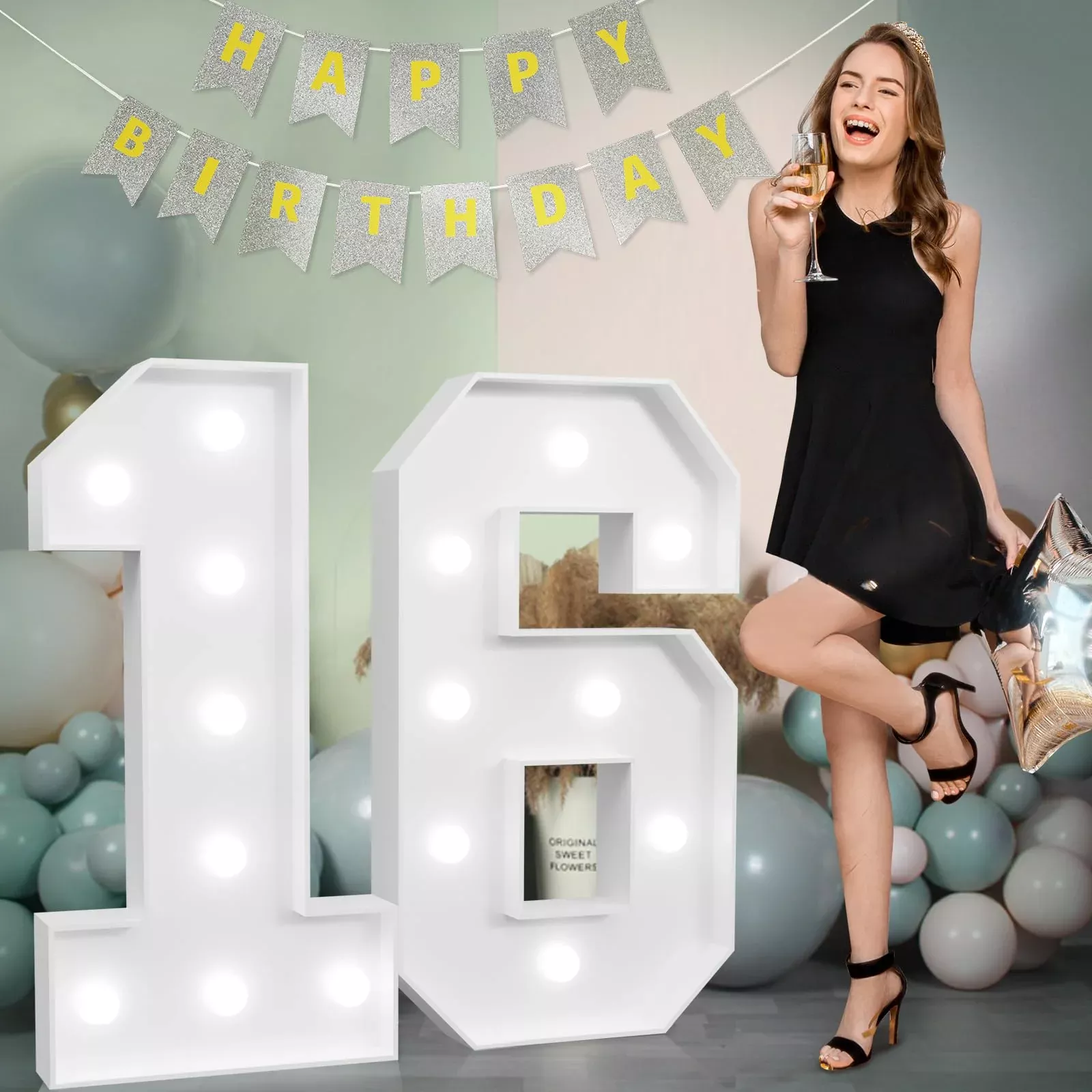 imprsv Marquee Light Up Numbers for 16th Birthday, White, Number 16
