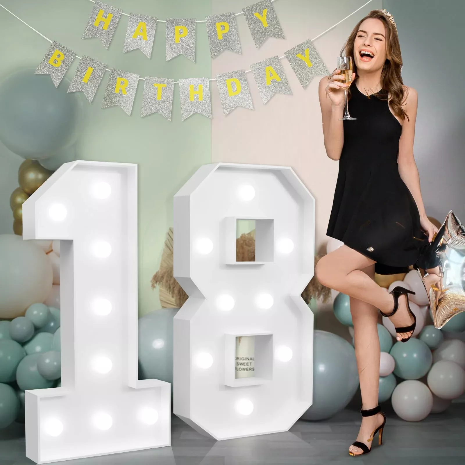 imprsv Marquee Light Up Numbers for 18th Birthday Decoration, White