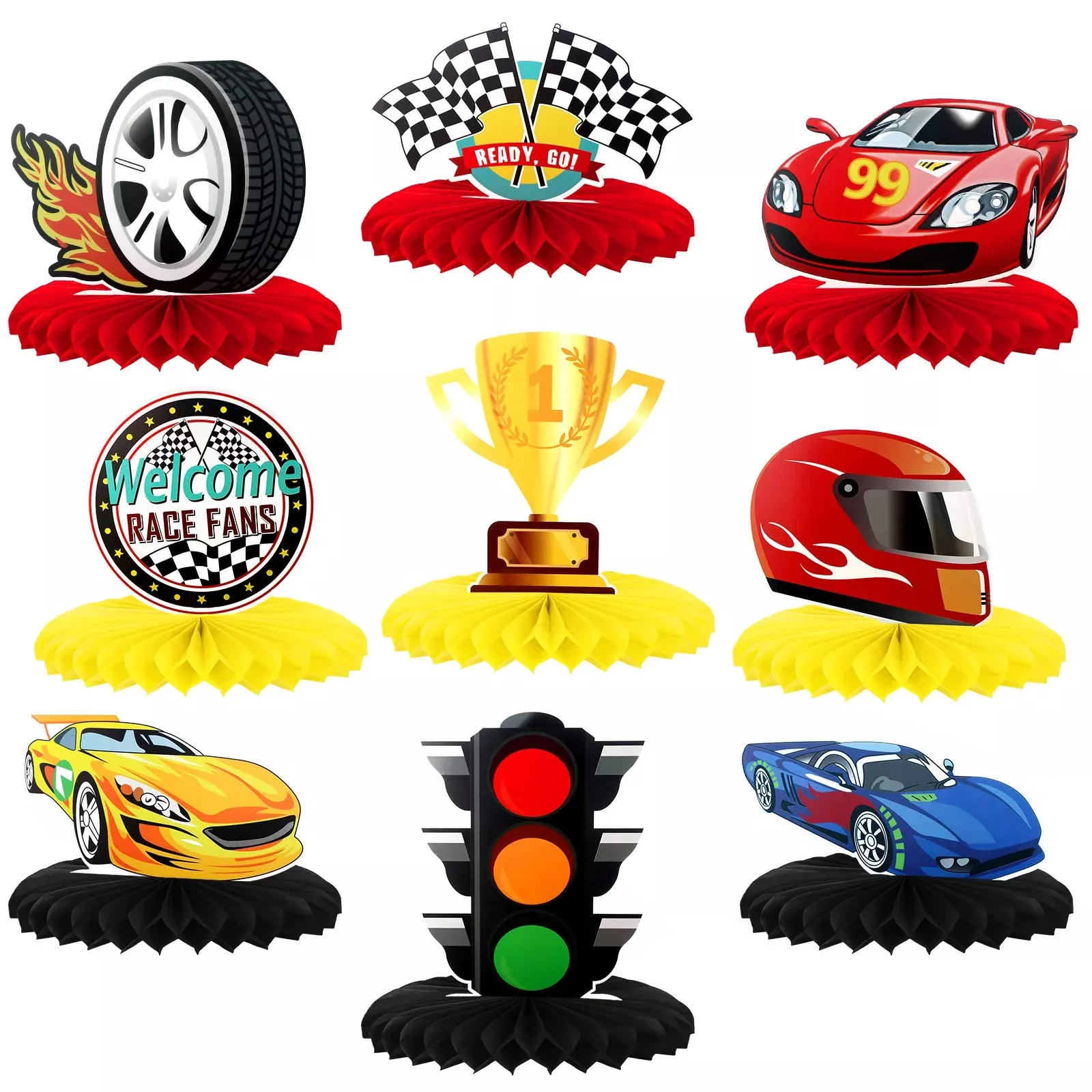 Inbagi Race Car Honeycomb Centerpieces Decorations, 9 Pieces