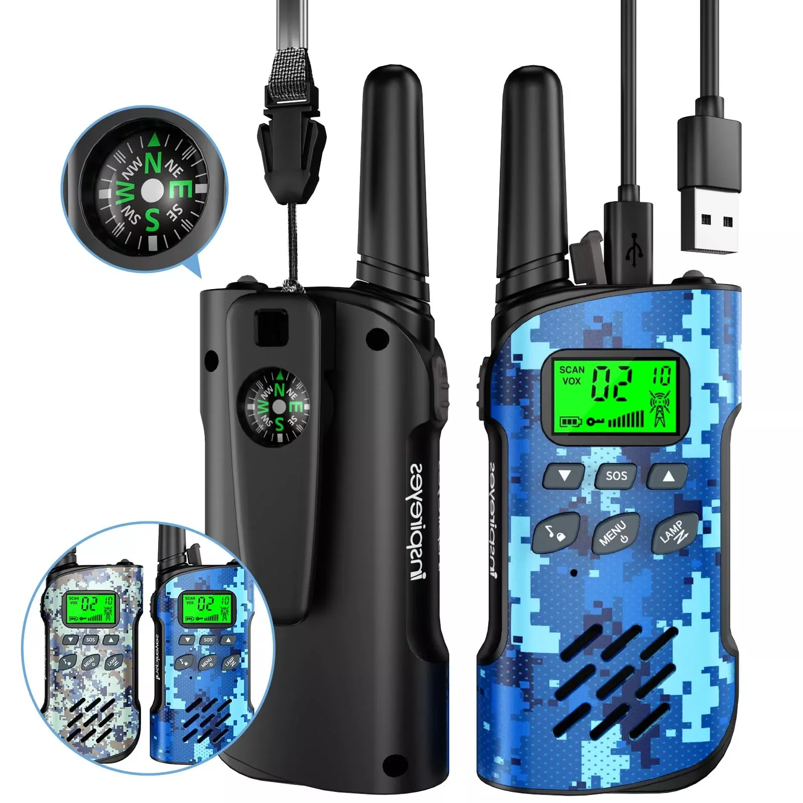 Inspireyes Walkie Talkies for Kids, Rechargeable, Camo Compass, 2