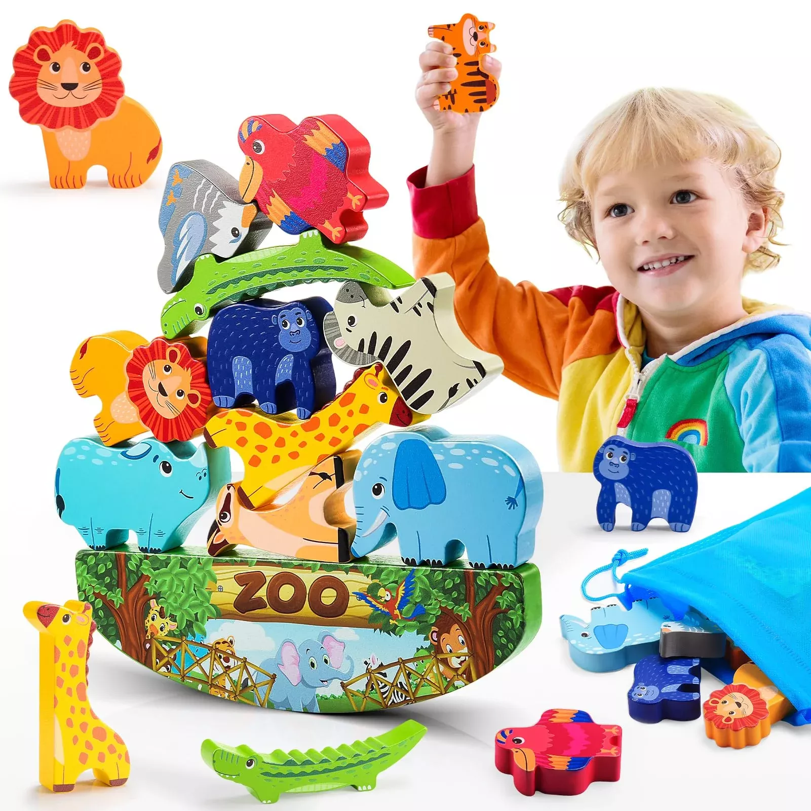 IPOURUP Wooden Animal Stacking Toy for Kids Age 3-6, Multicolor