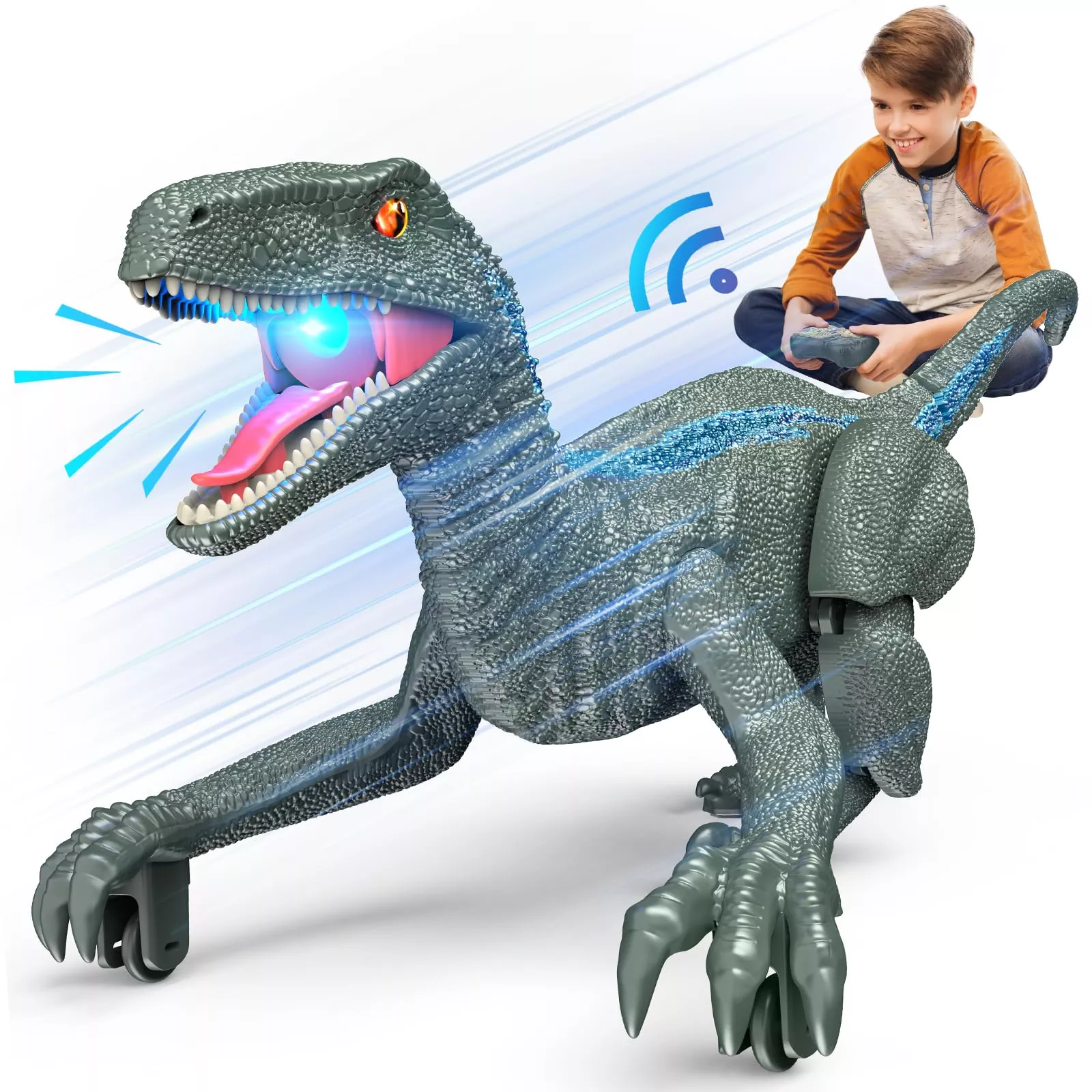 J Rootage Remote Control Dinosaur Toy, Green, Rechargeable, 3D Eyes, M