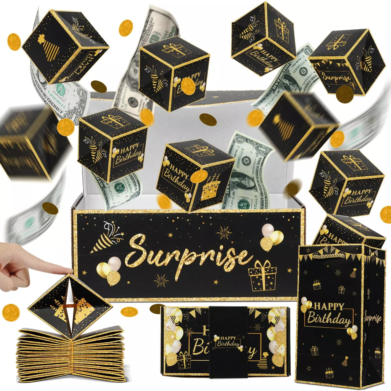 Jacyan Birthday Surprise Gift Box Explosion, Black Gold, 15 Pack