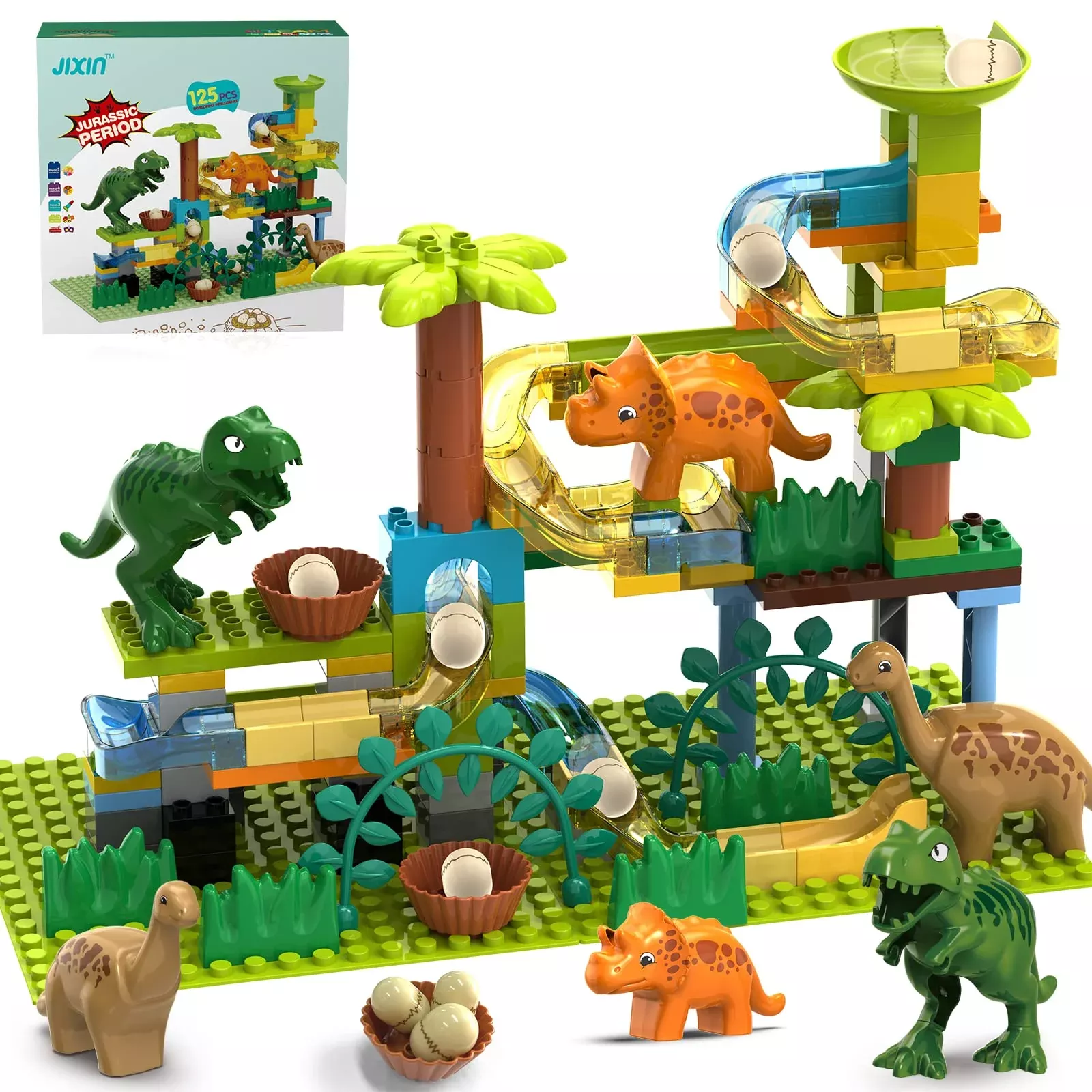 JIXIN Dinosaur Marble Run Set 125pcs Compatible with LEGO DUPLO