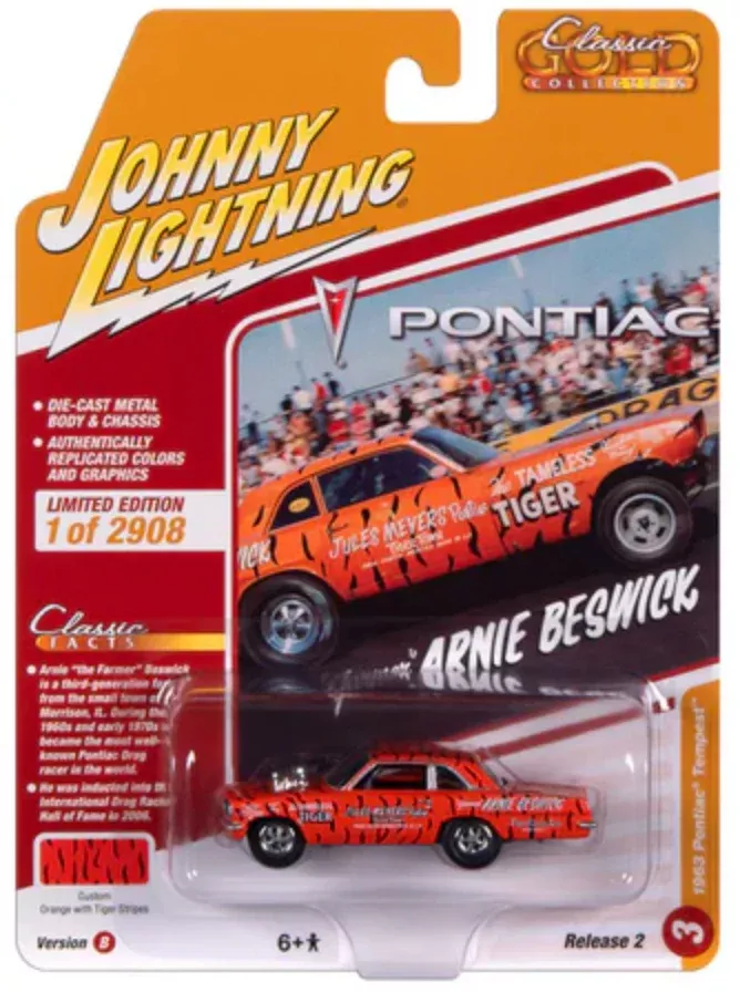 Johnny Lightning JLCG032B Classic Gold Version B 1963 Pontiac Tempest - Orange with Tiger Stripes