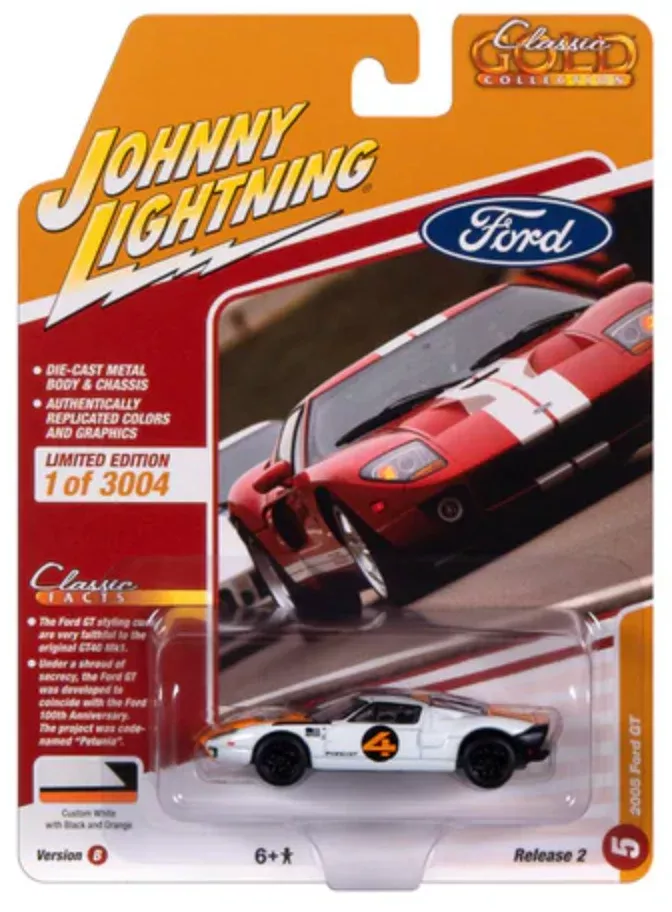 Johnny Lightning JLCG032B Classic Gold Version B 2005 Ford GT - White/Orange
