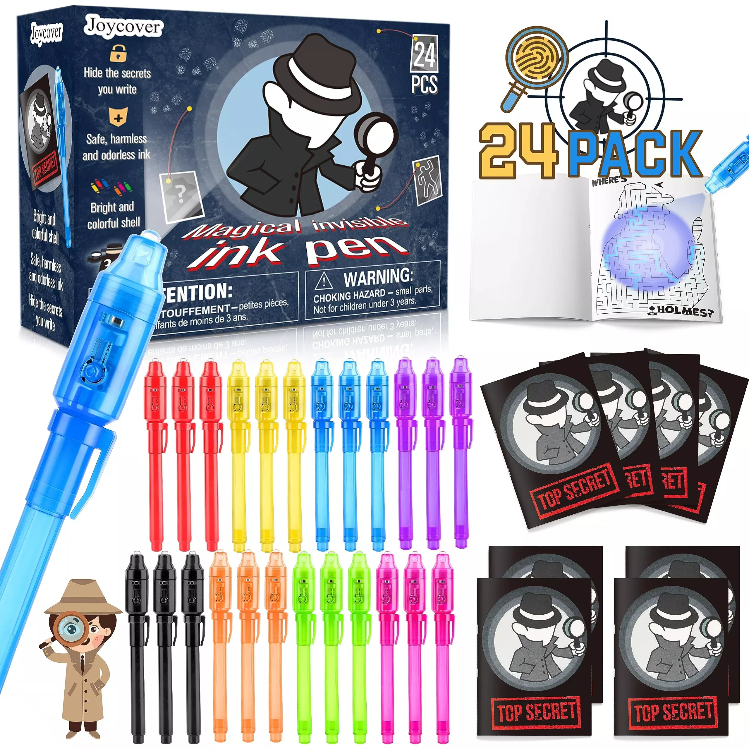 Joycover Invisible Ink Pen Set with Notebooks, 24 Pack, Spy Theme