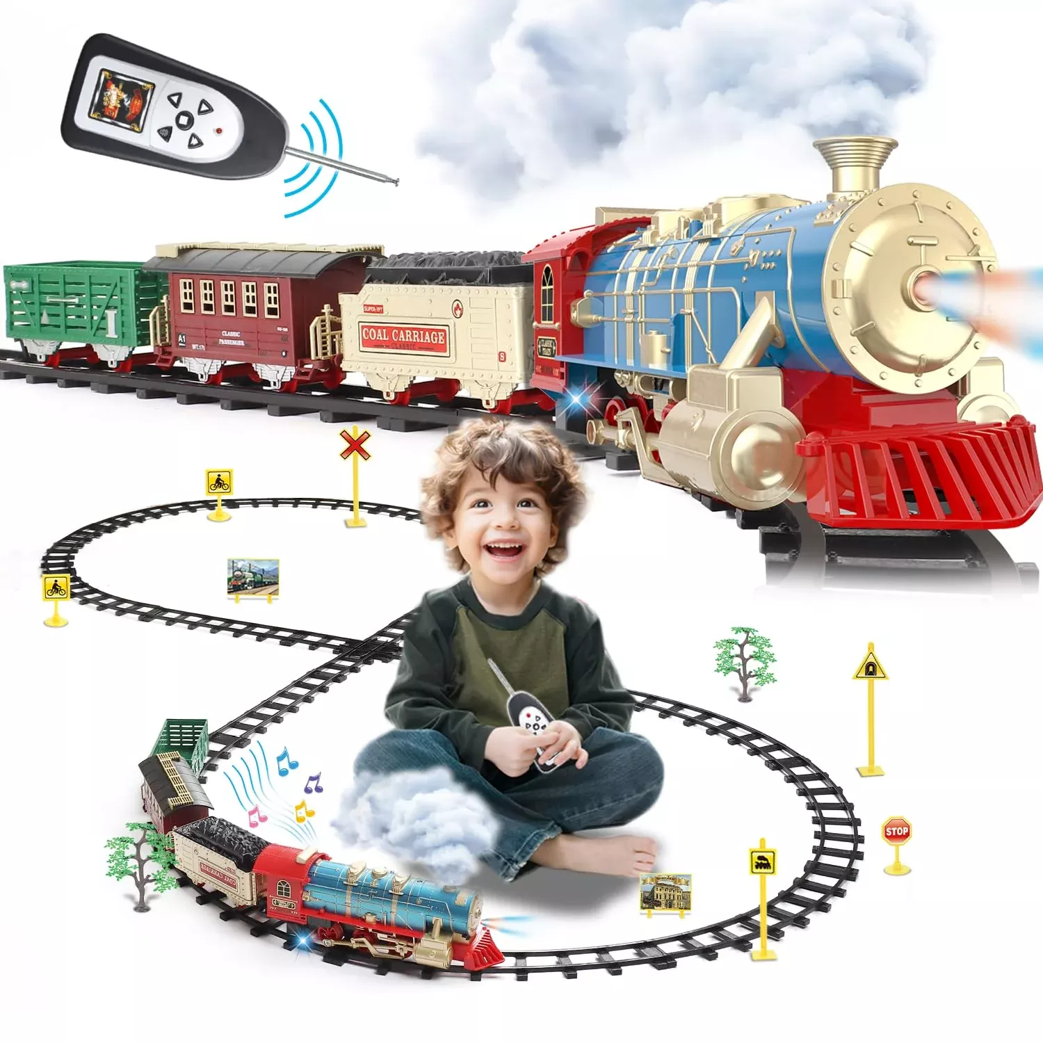 JQ JUQU Interactive Train Set with Remote Control, Blue, Battery Operated