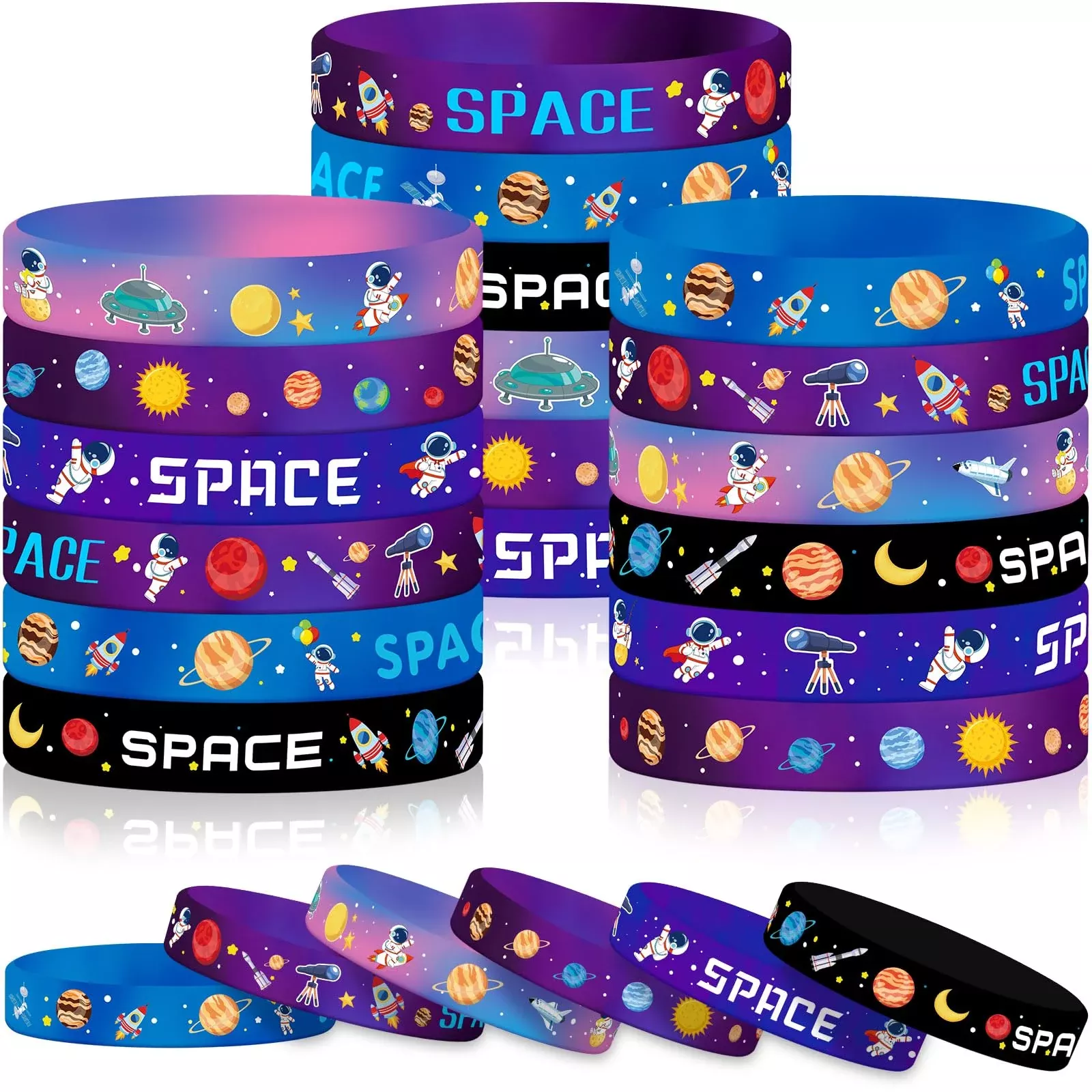 JUNEBRUSHS Space Party Silicone Bracelets, Multicolor, 42pcs,