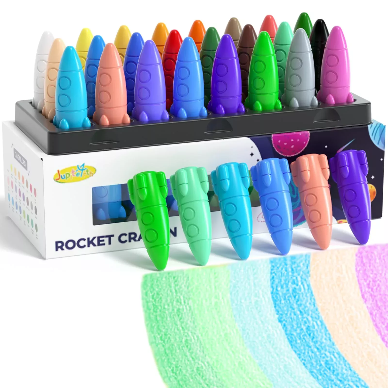 JUPITEARTH Non-Toxic Rocket Crayons, 24 Colors, Washable
