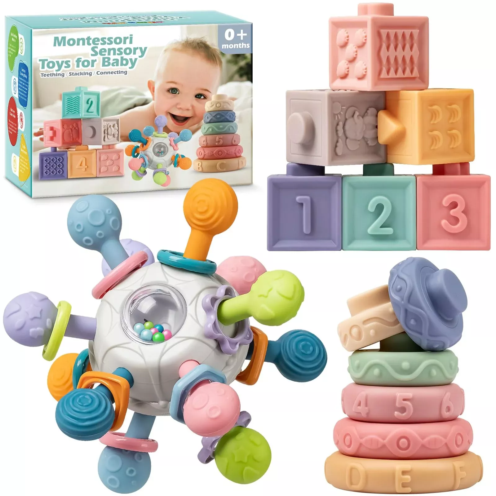 Jyusmile Baby Sensory Teething Toys Set, Multicolor, Medium