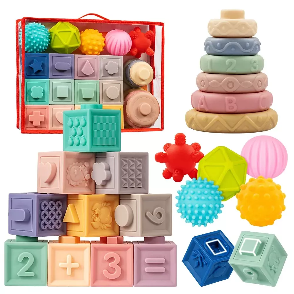 Jyusmile Baby Toy Set, Montessori Stacking Blocks, 24 Pcs, Multicolor