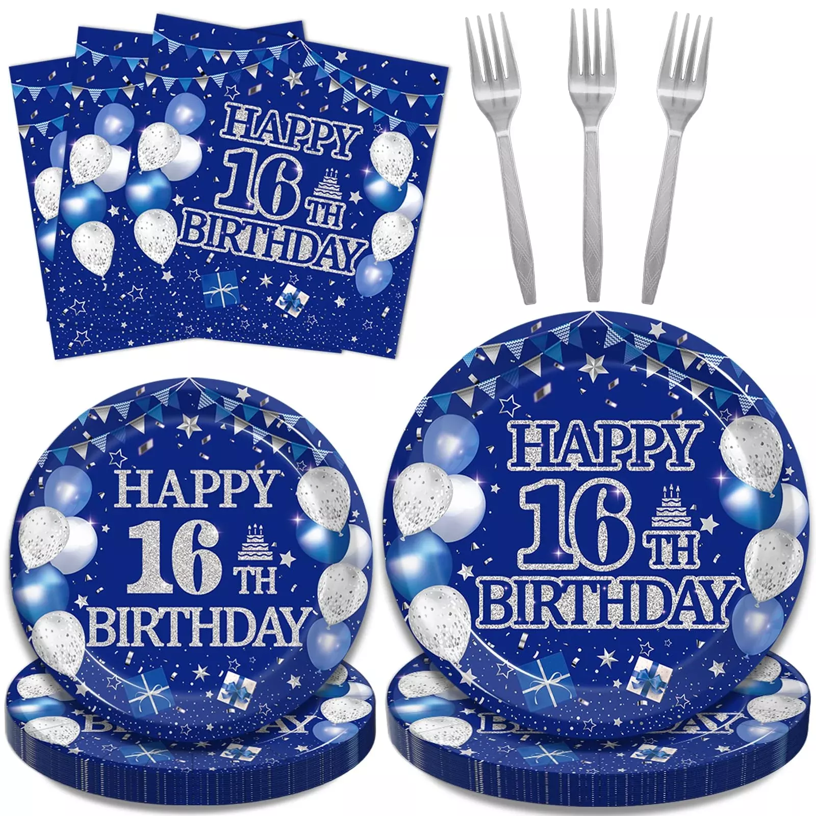 Kepeel 16th Birthday Party Set for 24 Guests, Blue Silver, Plates &