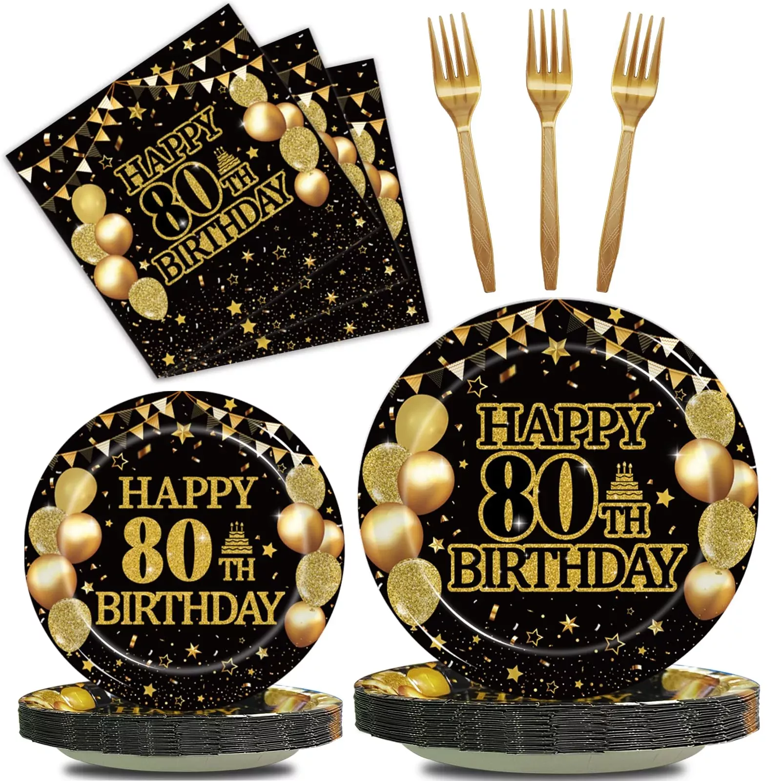 Kepeel 80th Birthday Party Tableware Set, 24 Guests, Black Gold