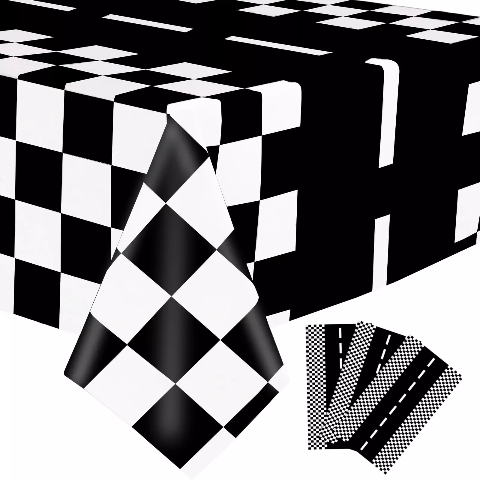 Kesfey Disposable Plastic Tablecloth, Race Car Theme, 54x108in, Black