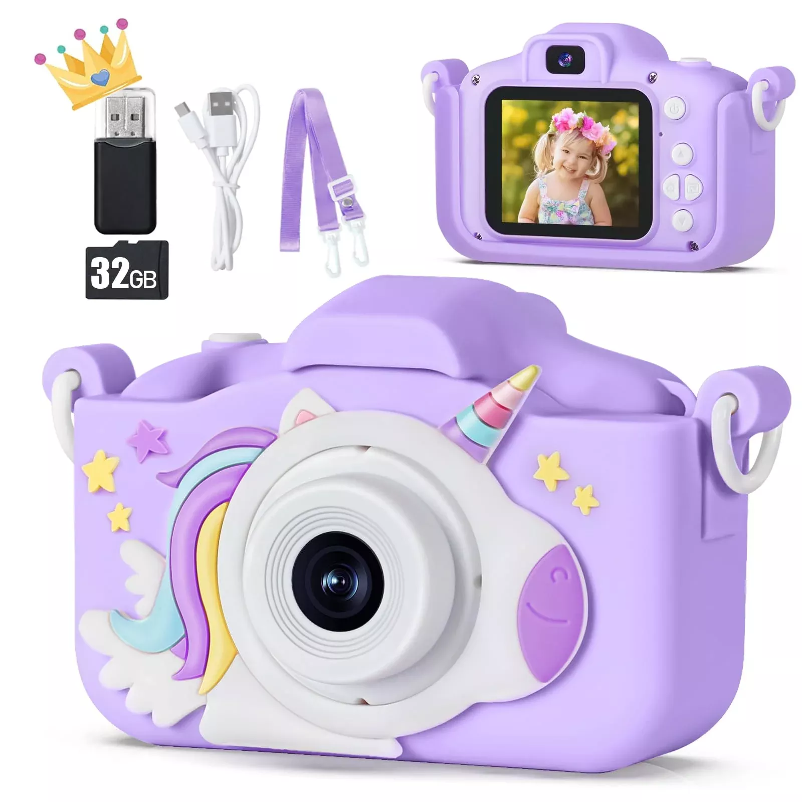 KIZJORYA Kids Digital Camera Purple 32GB SD Card Durable Mini Size