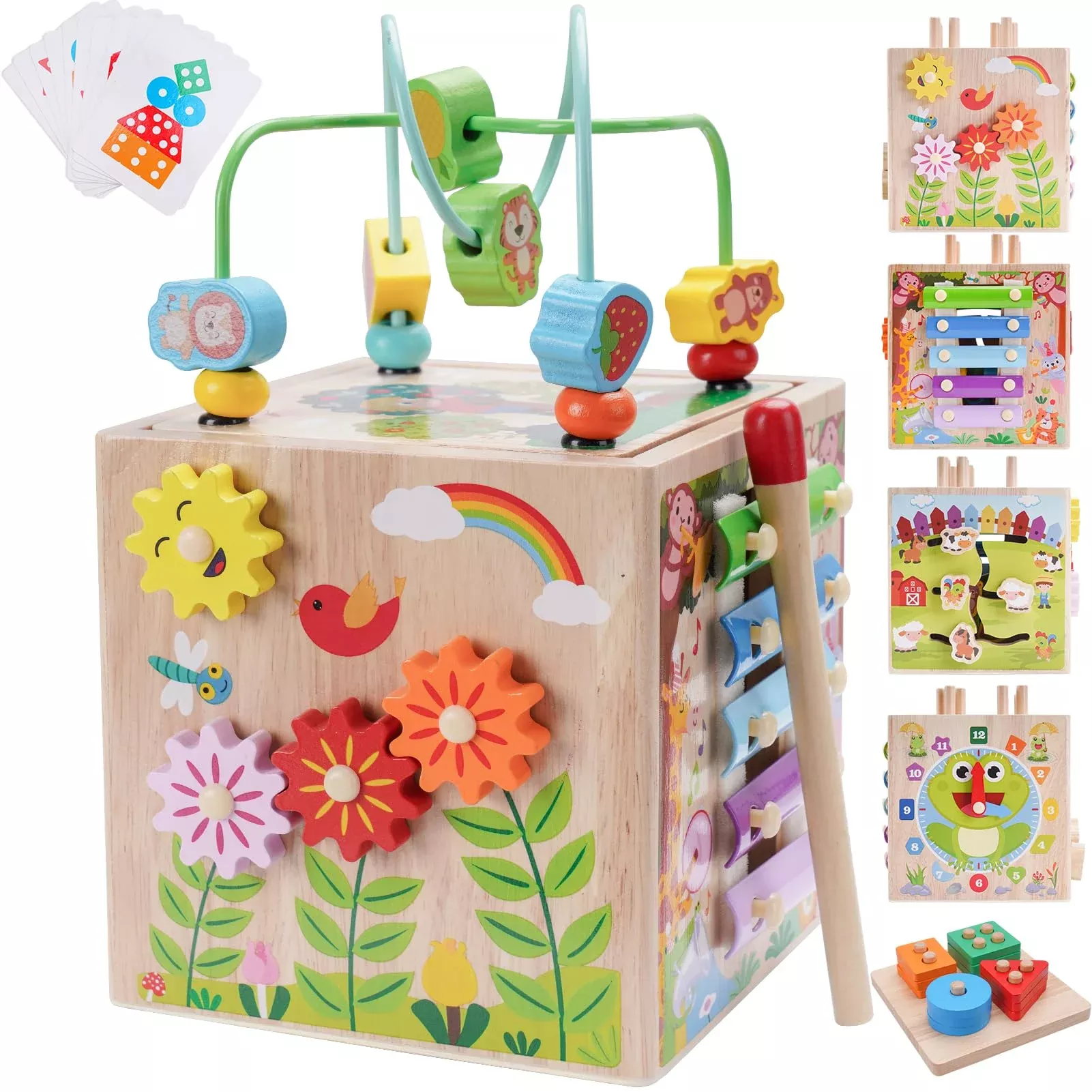 KMTJT Wooden Activity Cube for Toddlers, Blue, Medium Size, 7 Games