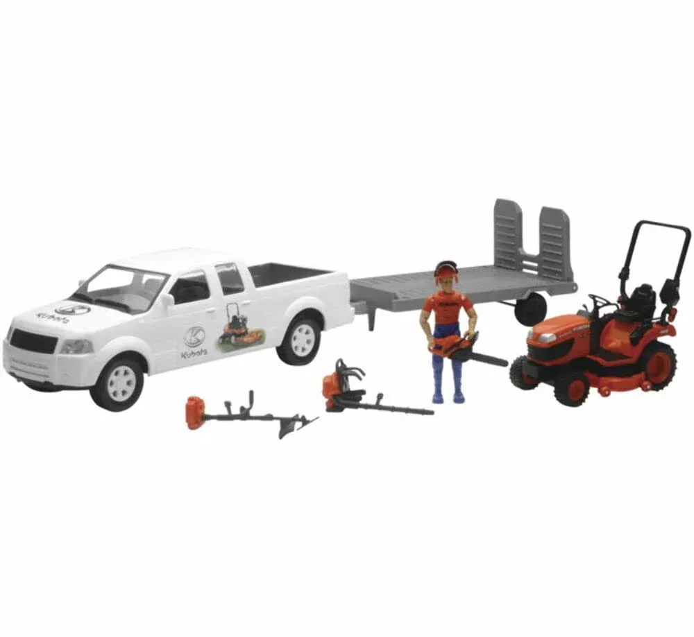 Kubota 1/18 Scale Pickup Truck and Trailer Set with Mower, Orange