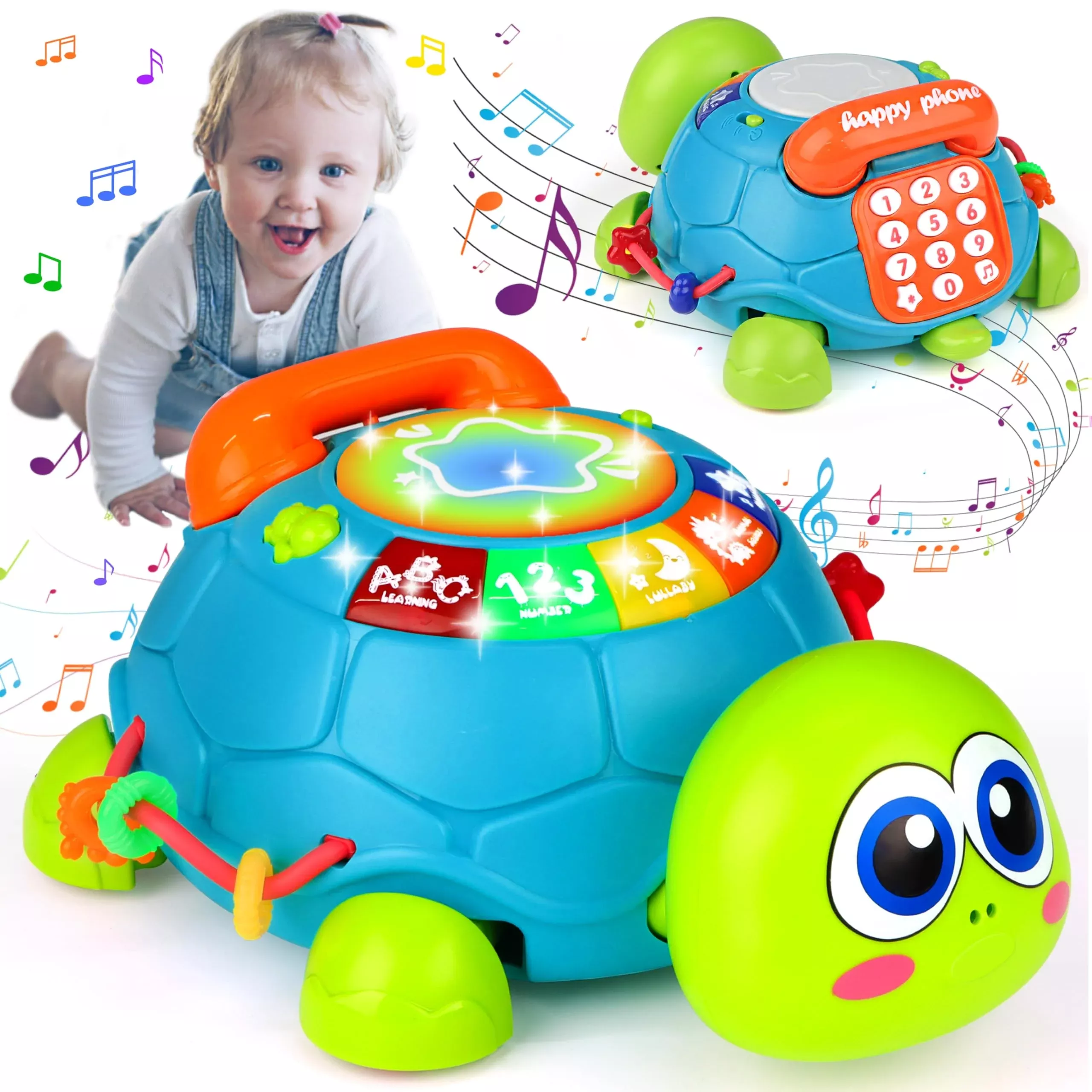 KWYZ Musical Light Up Turtle Crawling Toy for Infants, Medium