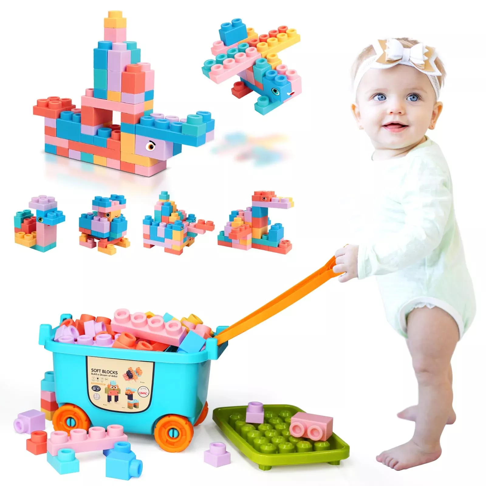 Large Particle Soft Building Block Toys With Storage Box With Pull Rod