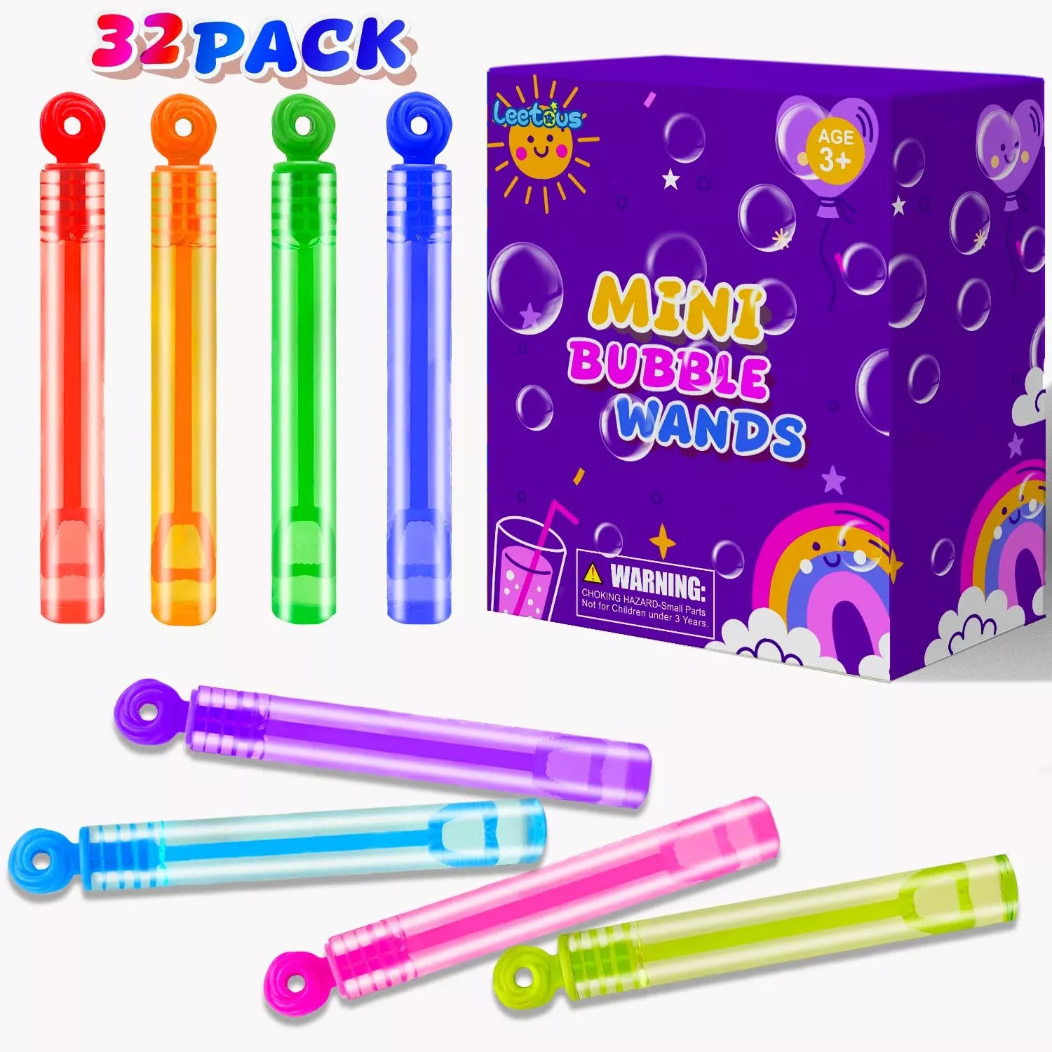 Leetous Donut Bubbles 32-Pack Mini Wands Rainbow Small