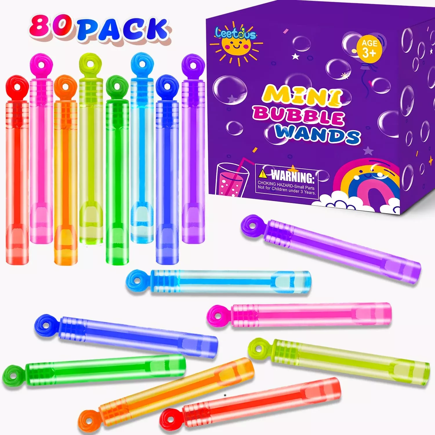 Leetous Mini Bubble Wands, Rainbow 64-Pack, Toddler-Friendly Fun