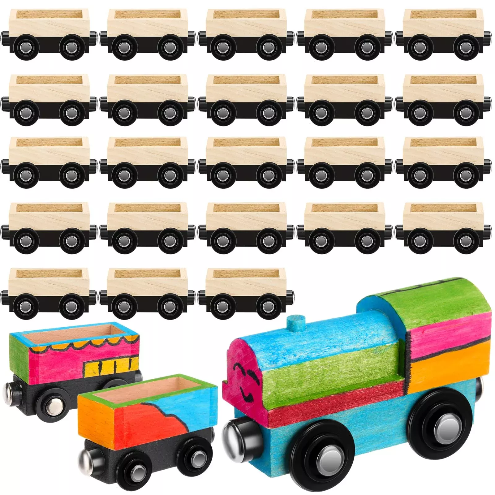 Lenwen Wooden Magnetic Train Set, Unpainted, 26 Pieces, Brown, 8