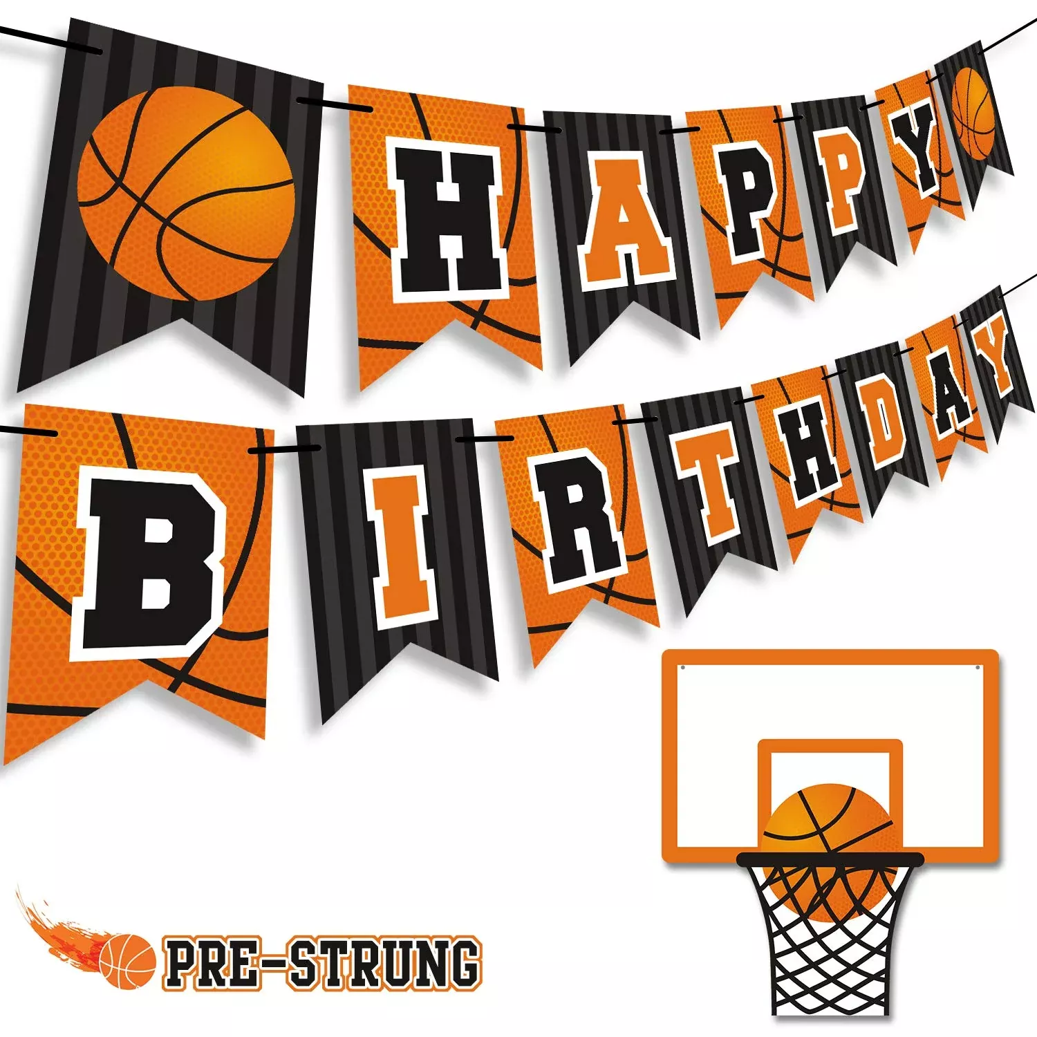 Levfla Basketball Birthday Banner, Black/Orange, 1 Set, 6.5