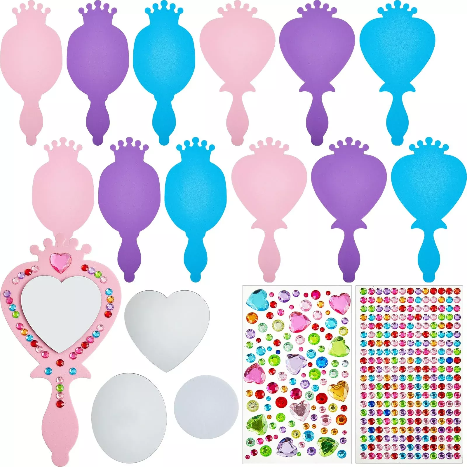 Liliful Princess Mirror Craft Set for DIY Decor, Pink, Purple, Blue, 12 pcs