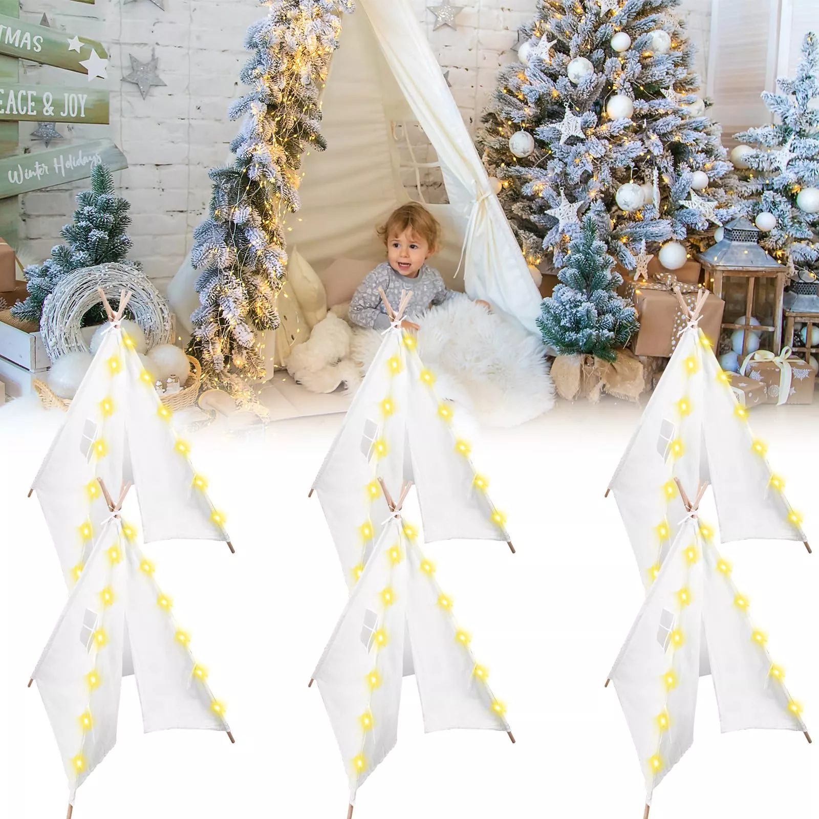 MBJZSL Kids Teepee Tent Set with Lights, 6PCS, White,