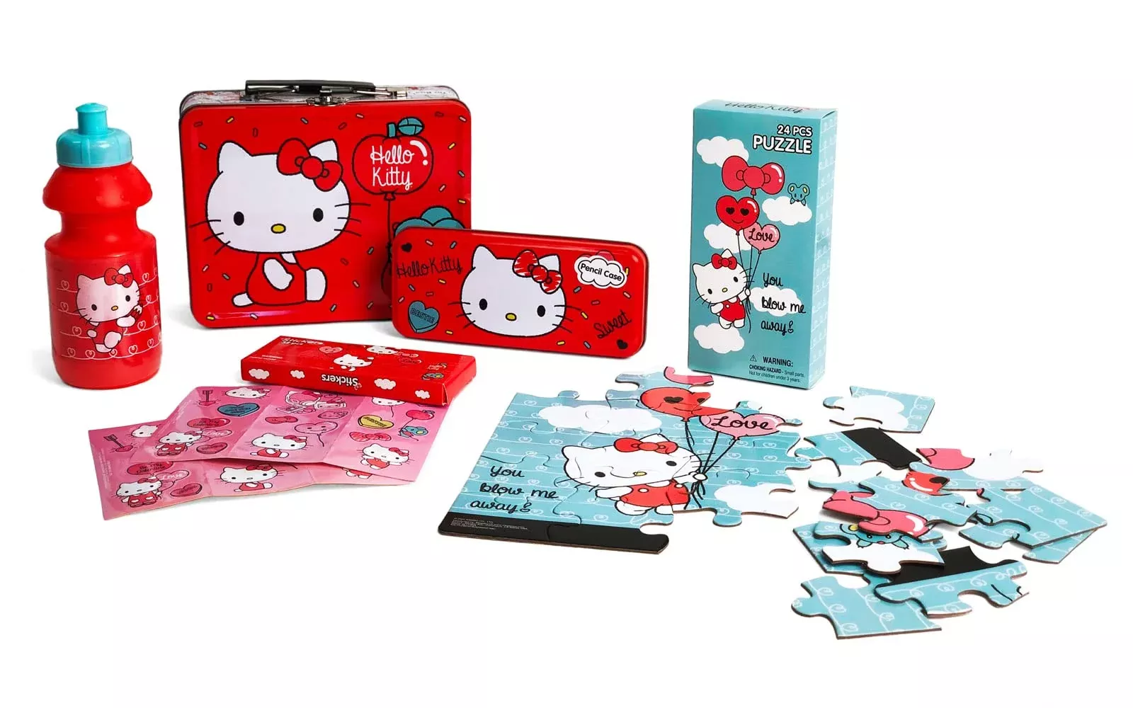 Megatoys Hello Kitty Tin Box Set with Water Bottle, Stickers, Puzzle