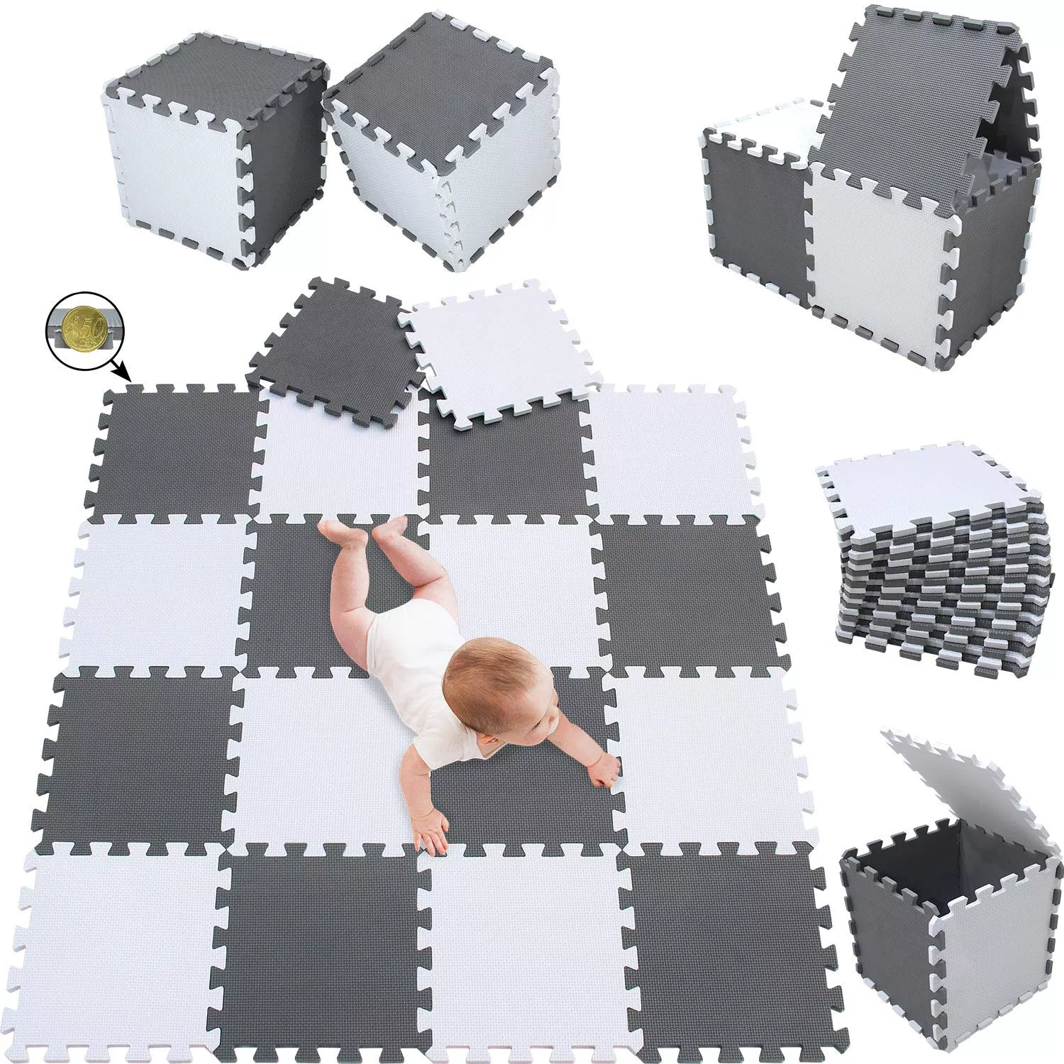 meiqicool Foam Play Mat Tiles 18 Pack Interlocking 172x87cm White