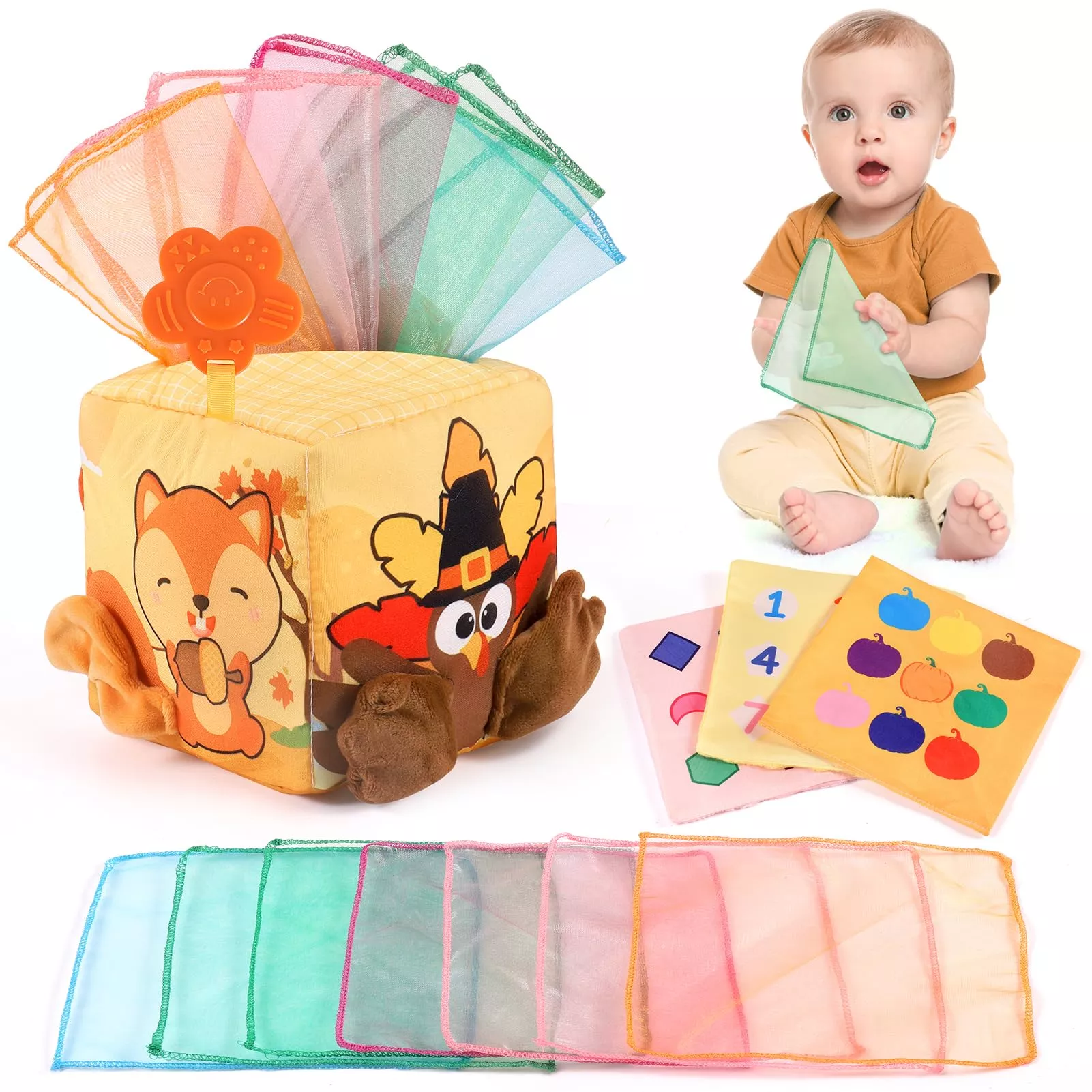 Melonegg Sensory Tissue Box Toy for Babies - Orange, Safe Materials