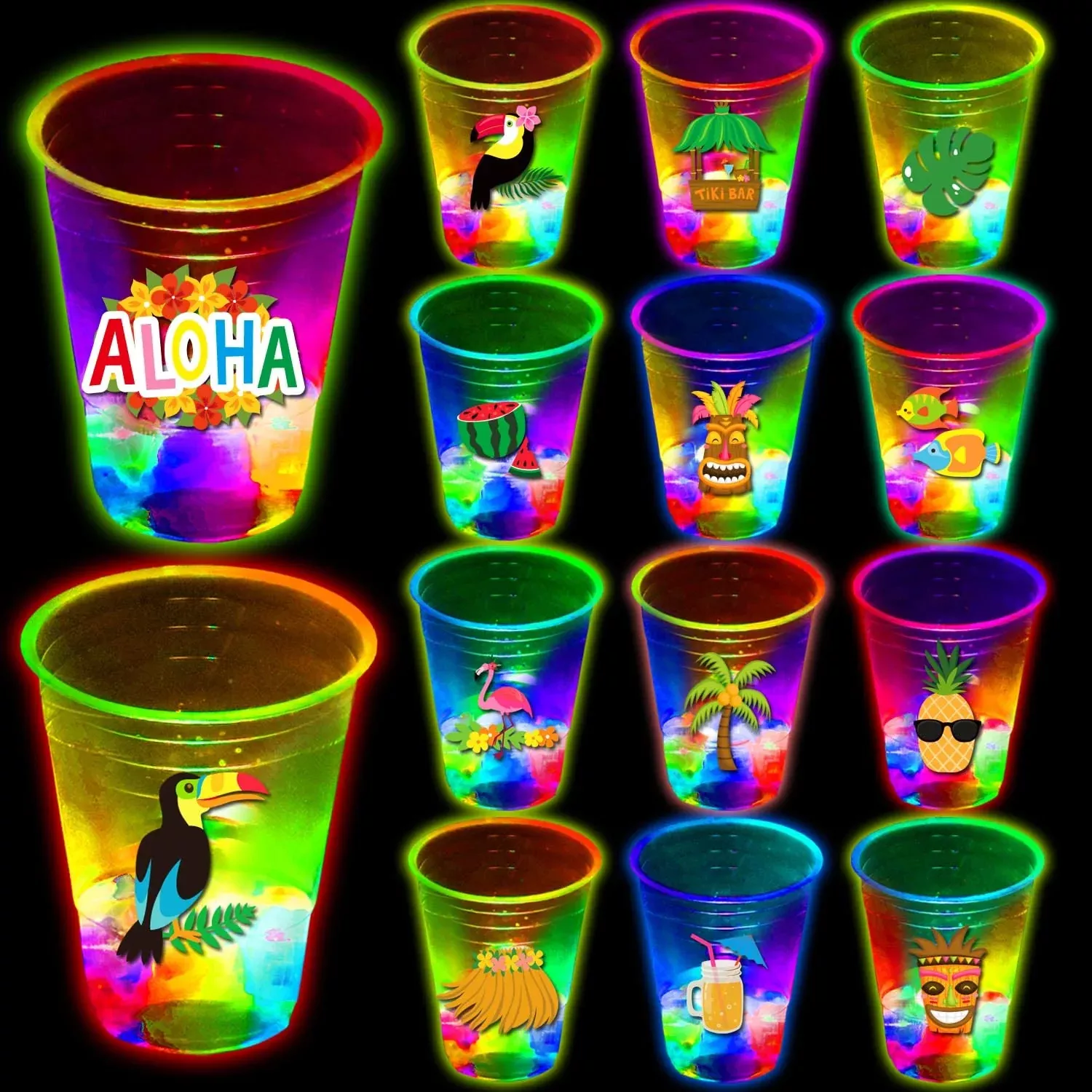 mishunyus Glow Hawaiian Luau Party Cups 16oz Flash 24 Pack