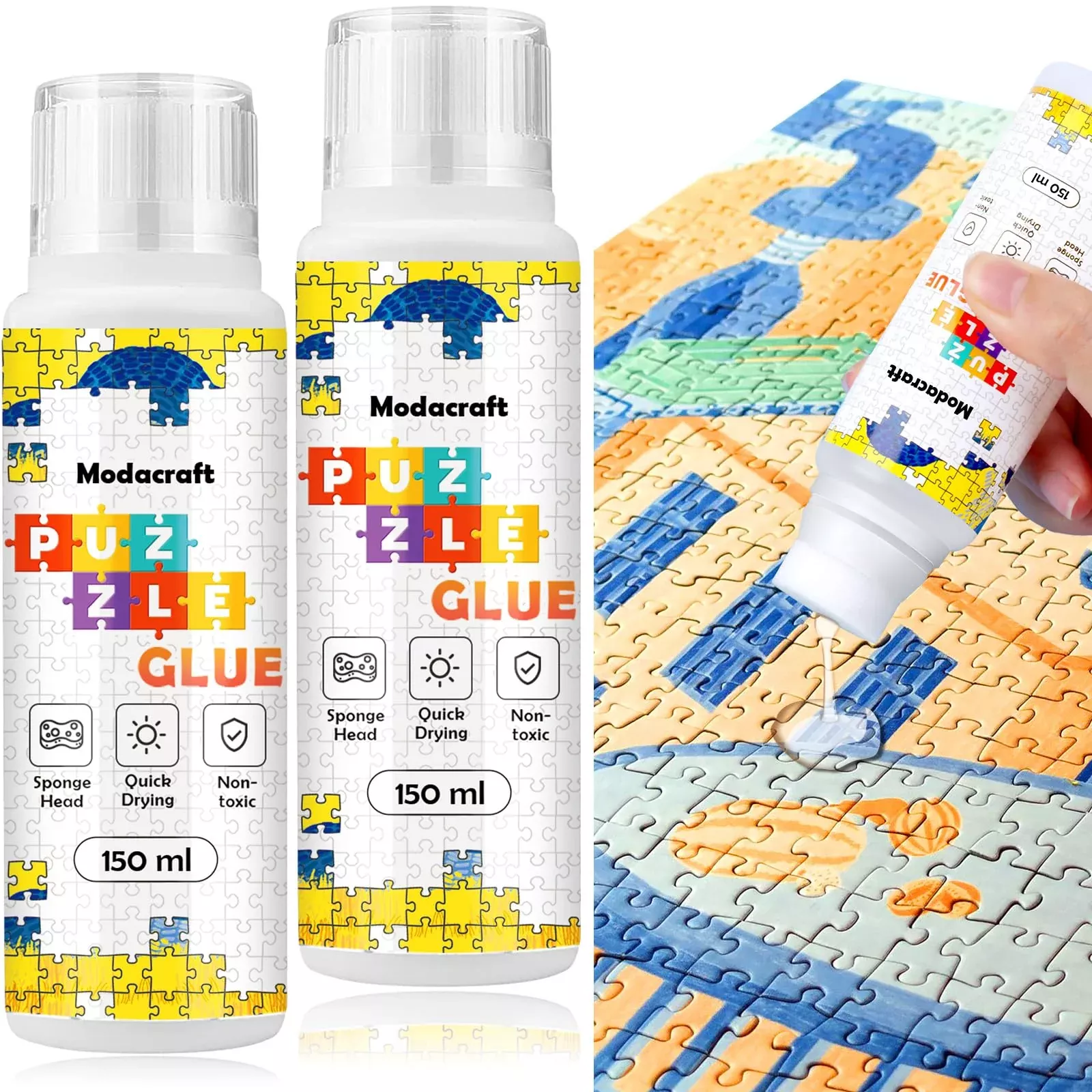Modacraft Jigsaw Puzzle Glue 2 Pack 150ml Clear with Sponge Head