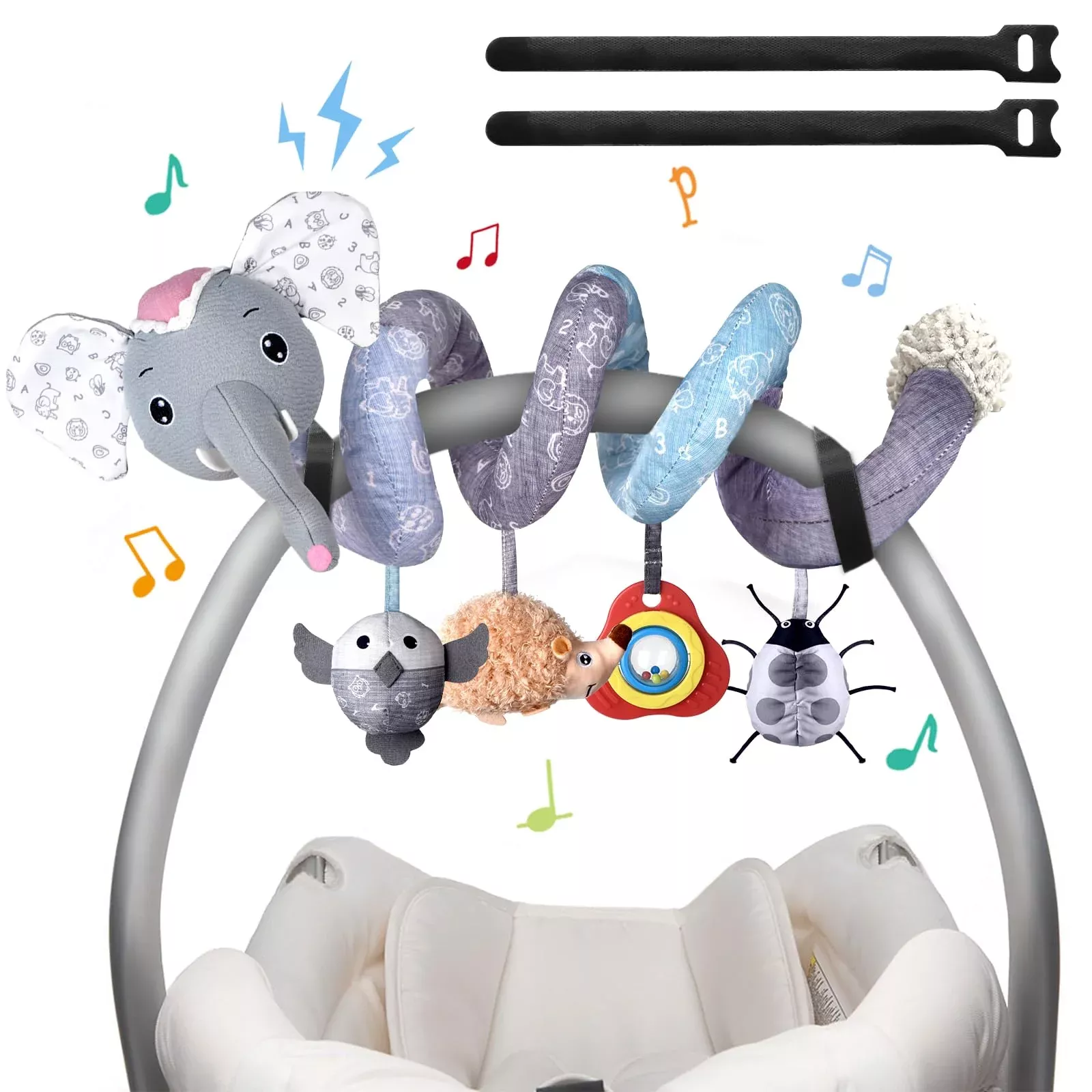 MONSTIME Musical Car Seat Toys for Infants, Gray Elephant, Medium